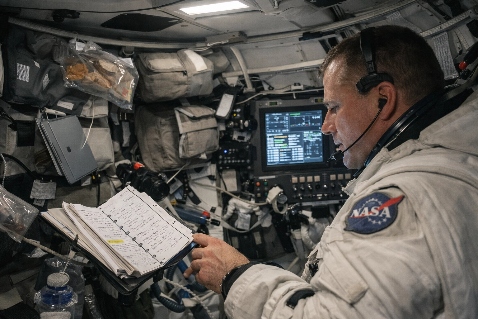 Artemis II crew member monitoring control panels inside the crowded Orion spacecraft cabin.