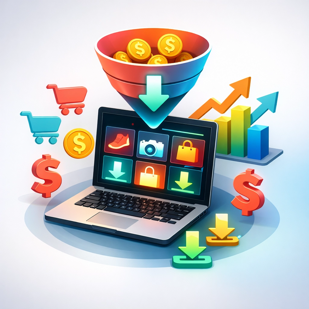 Digital product sales funnel showing profit margins and revenue growth