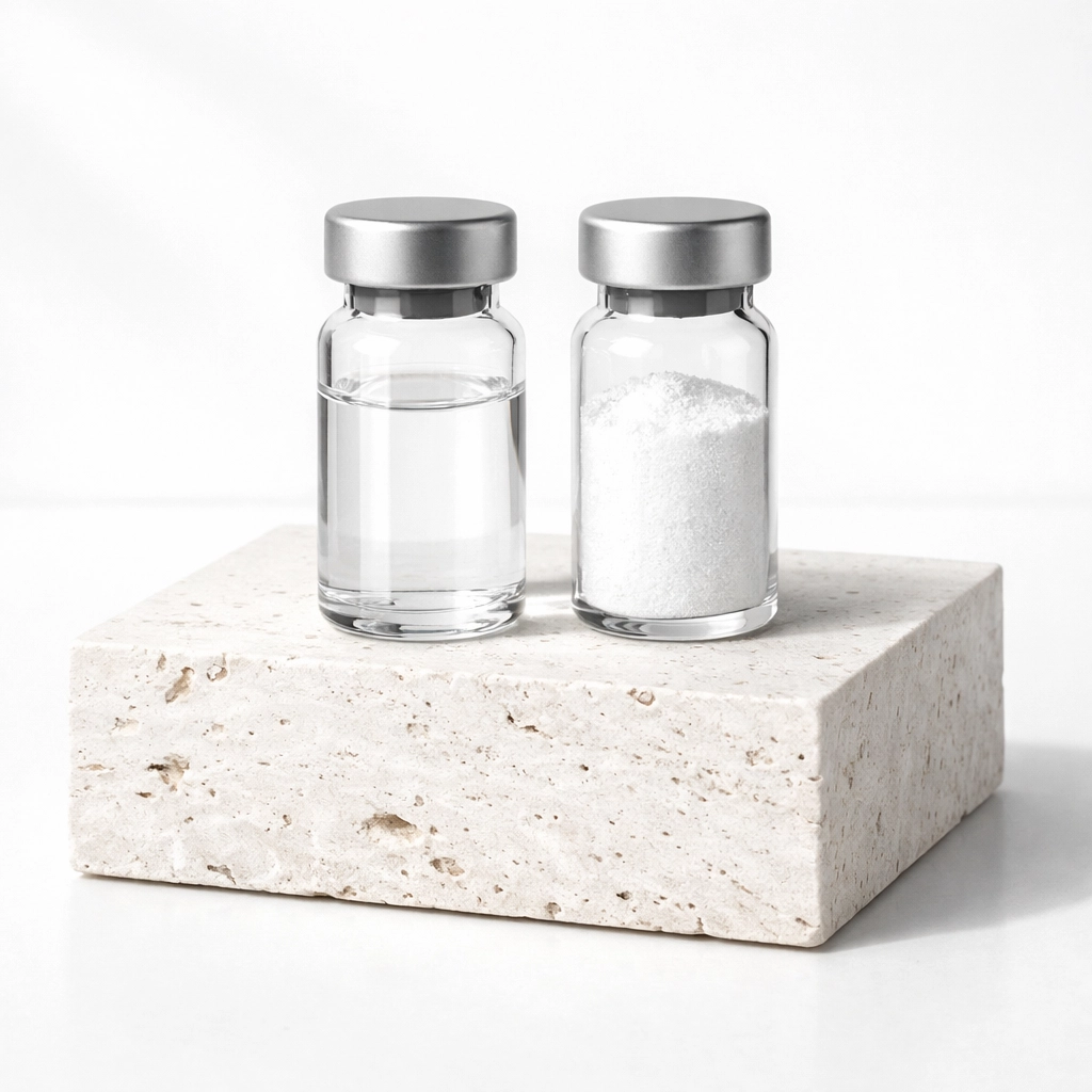 Liquid and powder research peptides for weight loss displayed on white stone.