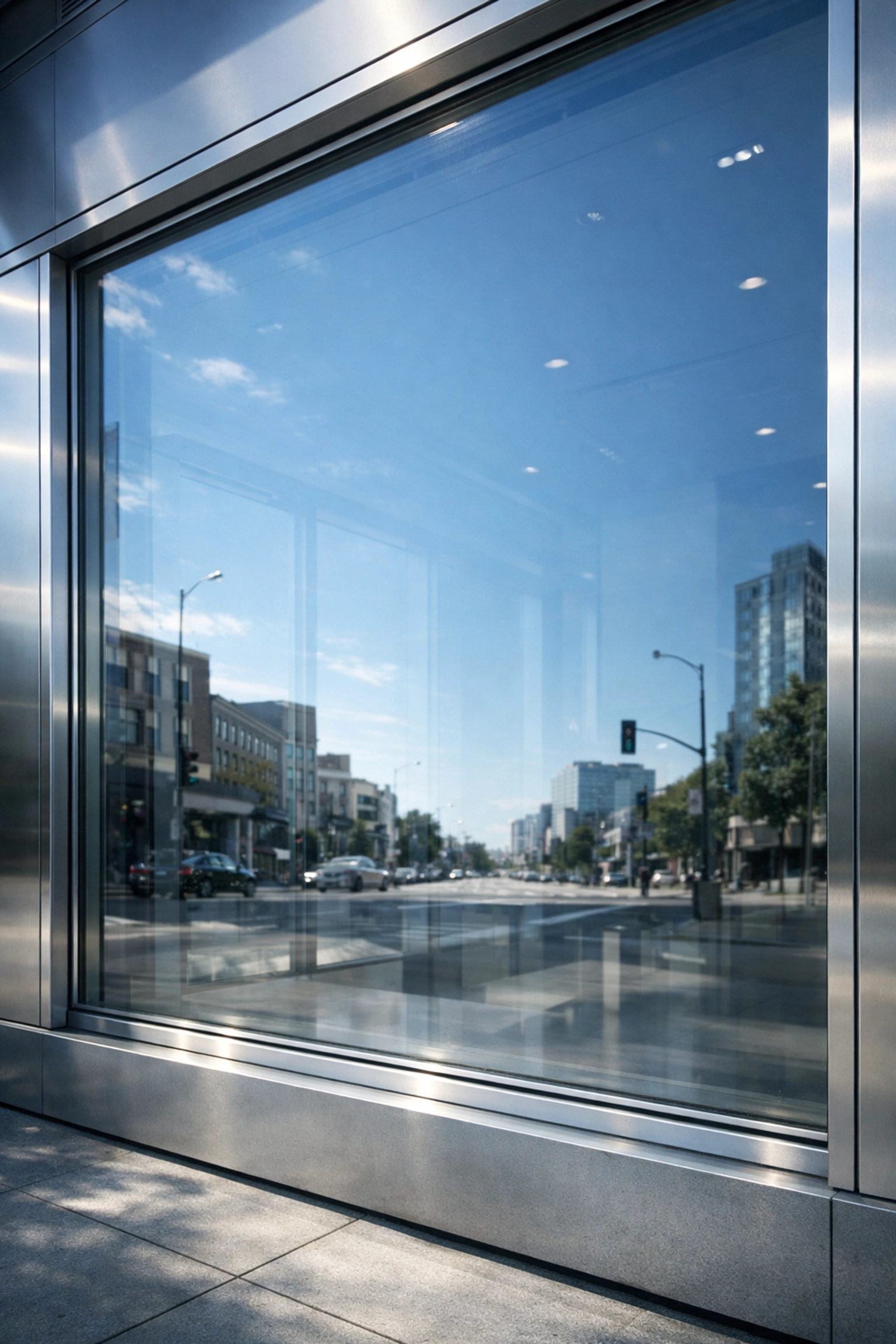 Clean storefront window reflecting urban streetscape demonstrates local window cleaning business visibility