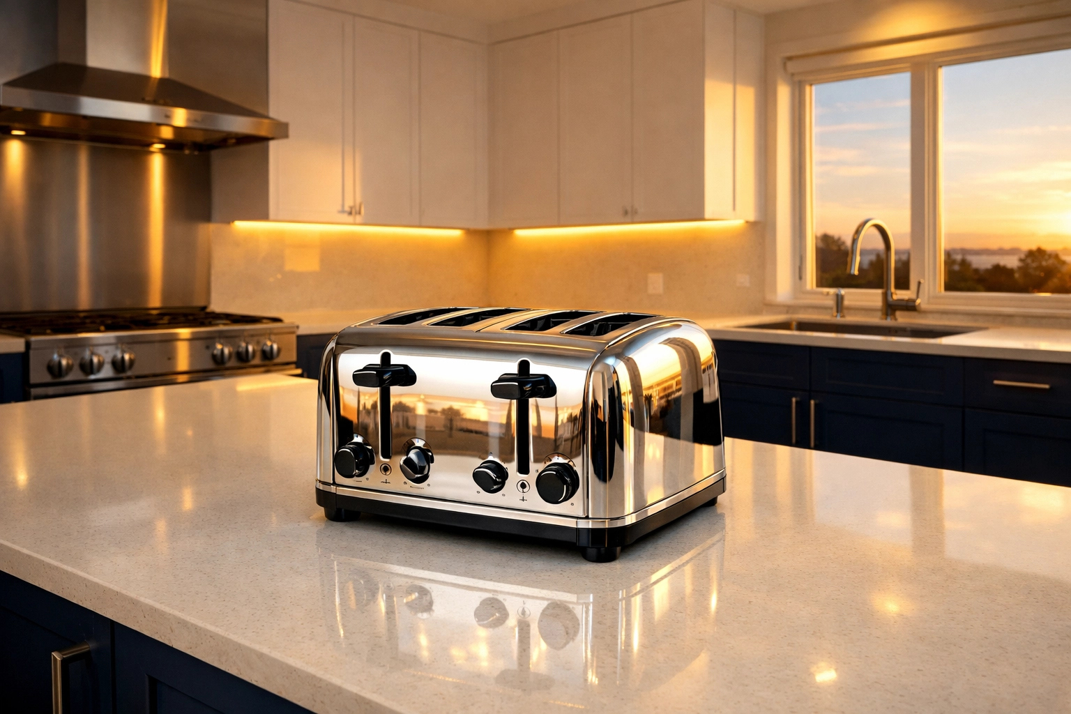 The final result of a deep cleaned and polished chrome toaster in a modern kitchen.