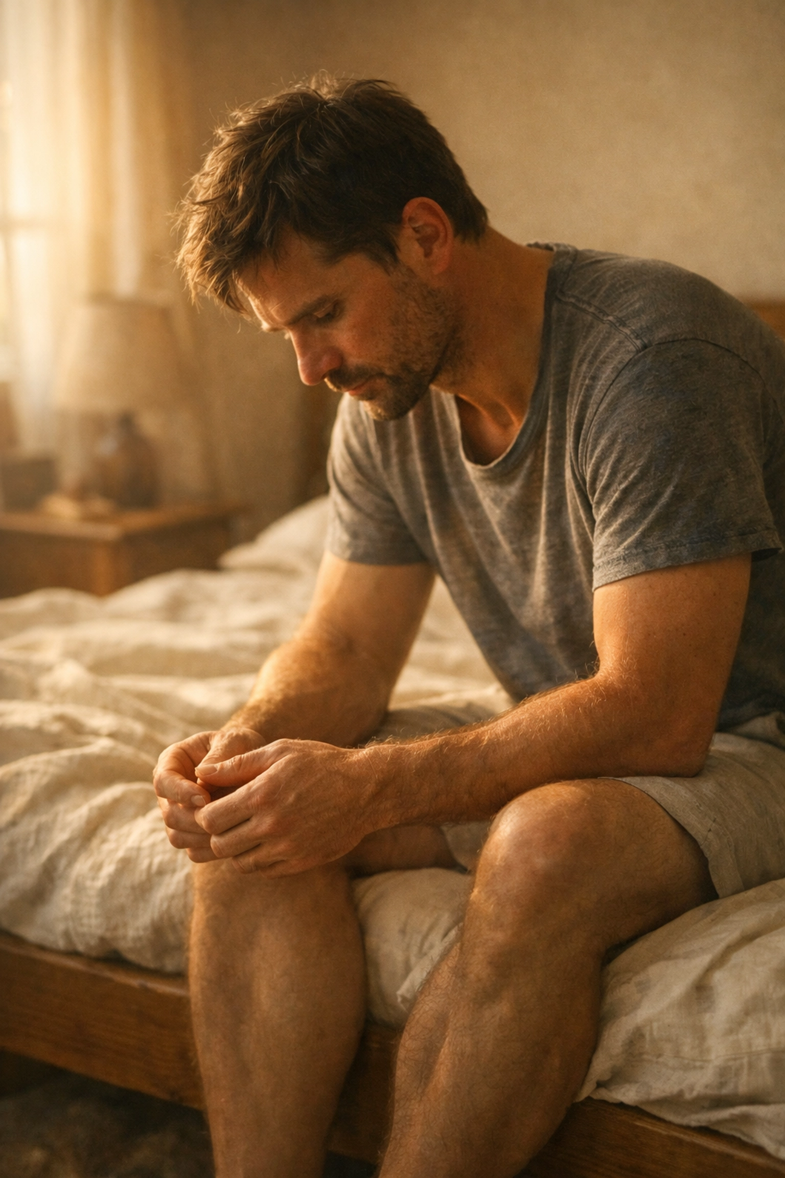 Gondolkodó férfi az ágy szélén, a PIED és a dopamin-csapda hatásain elmélkedve.