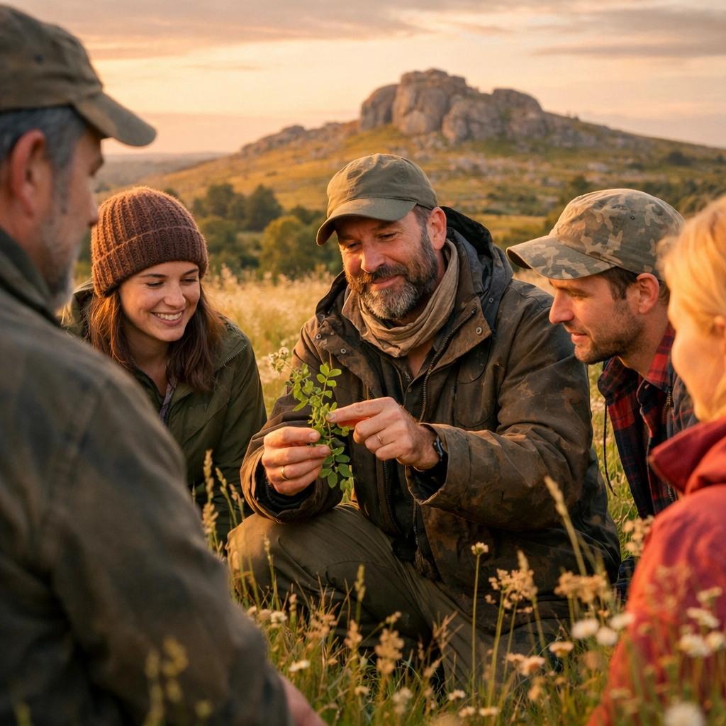 Students on a bushcraft course in Devon learning survival skills and plant identification from a mentor.