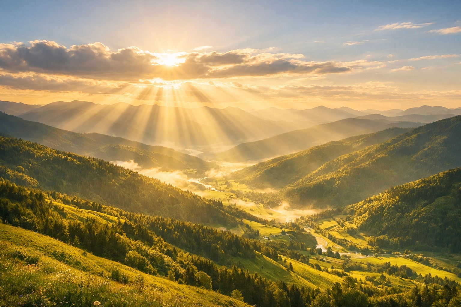 Sun rays breaking through clouds over a peaceful mountain landscape at sunrise.