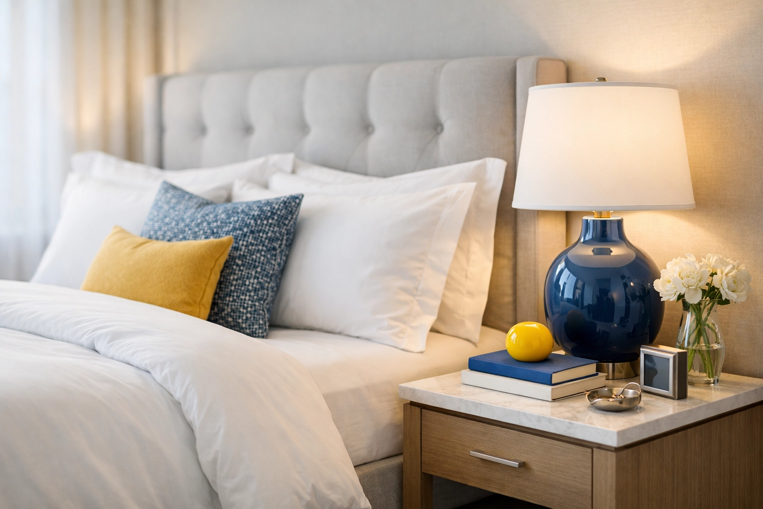 Fresh white linens and a tidy bedroom sanctuary created by professional house cleaning Medfield experts.