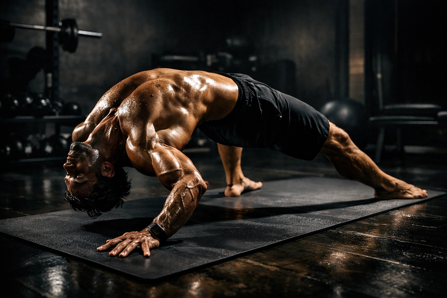 Muscular athlete doing a thoracic bridge warm-up for home bodyweight training on a yoga mat.