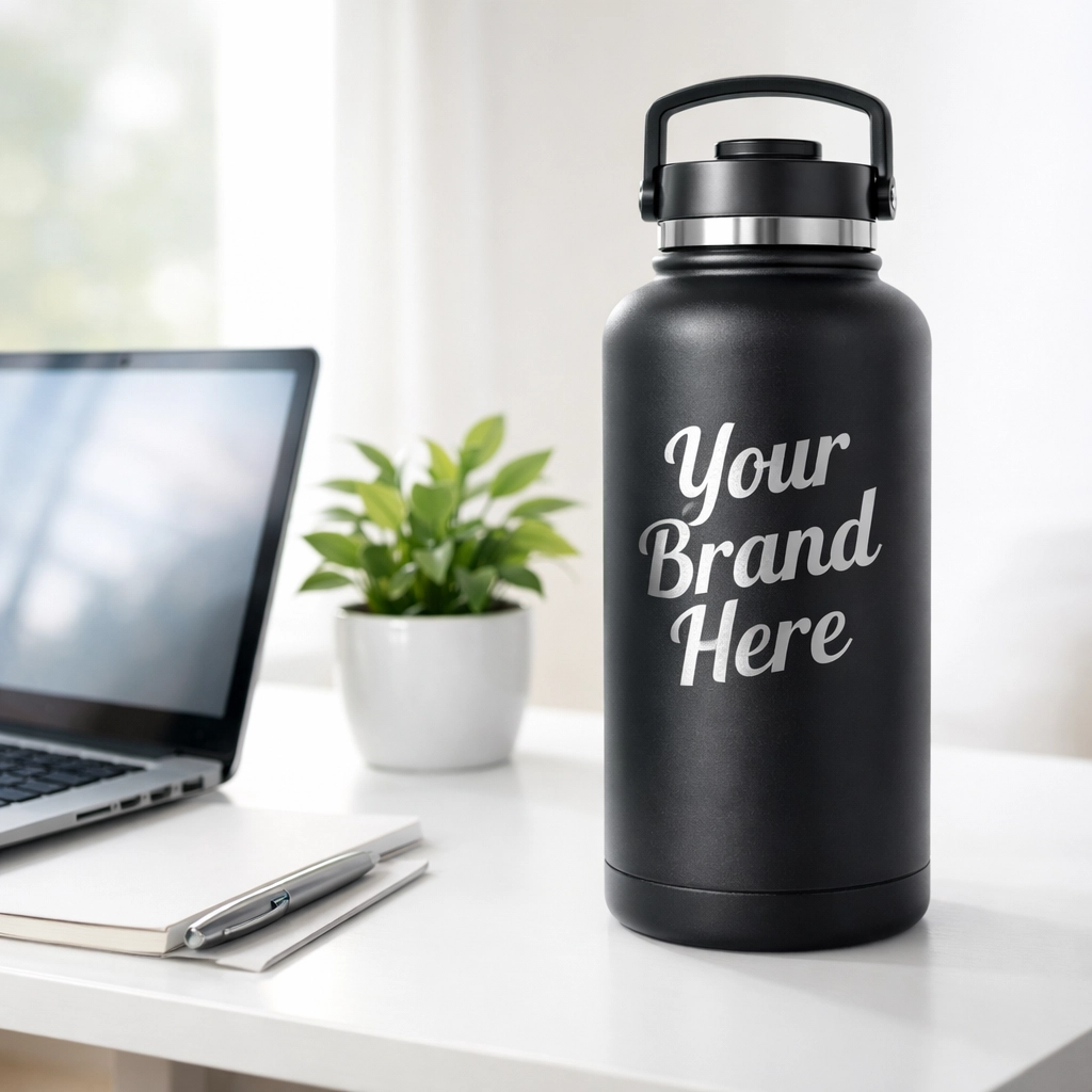 Laser engraved insulated water bottle on a white desk, representing a long-lasting branded gift.