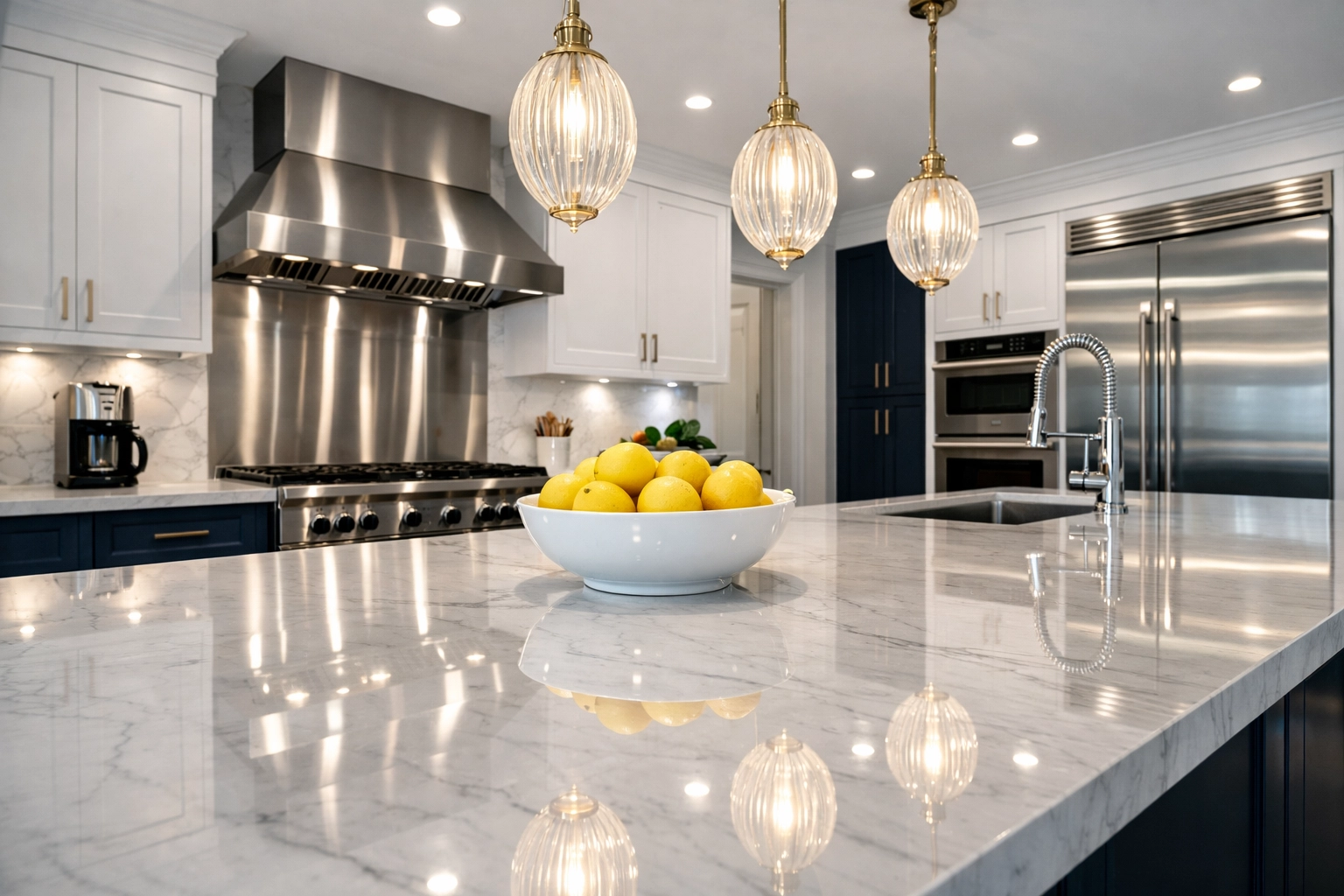 Spotless luxury house cleaning in a Lexington kitchen with polished marble by professional cleaners MA.