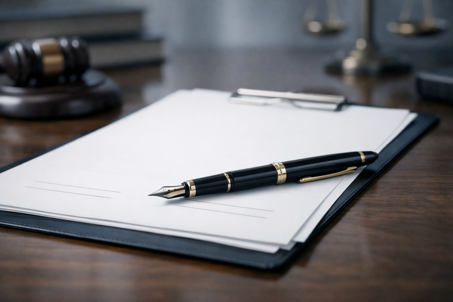Close-up of a fountain pen on a legal document on a clean desk