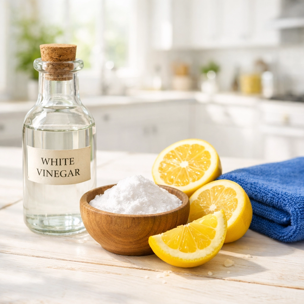 Eco-friendly cleaning supplies including white vinegar, baking soda, and fresh lemons.