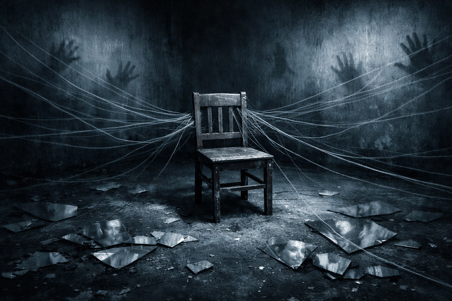 Leerer Stuhl in dunklem Raum mit unsichtbaren Fäden – Darstellung von Isolation und Trauma bei Missbrauch
