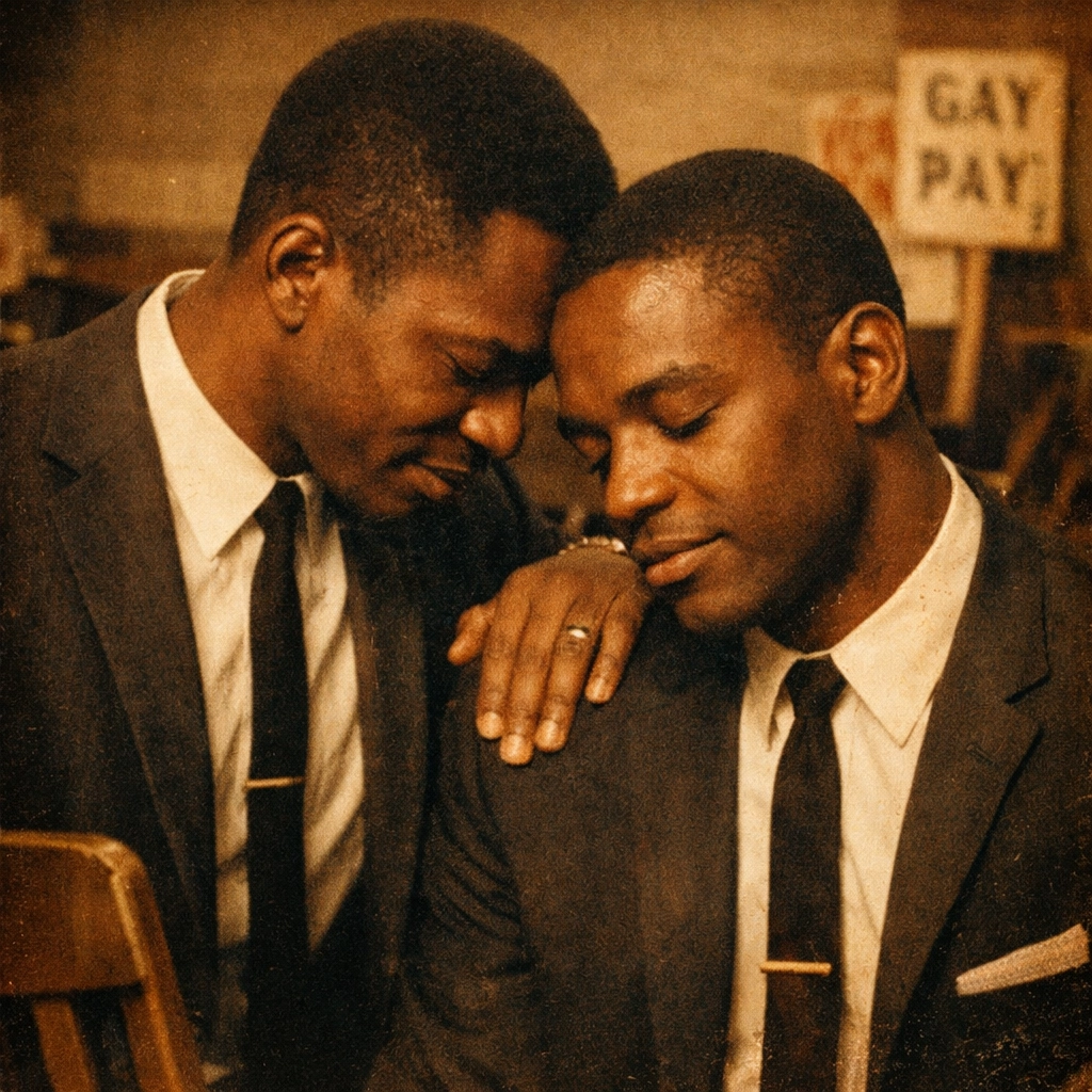 Two Black gay activists in 1960s attire finding support and solidarity within a church setting.
