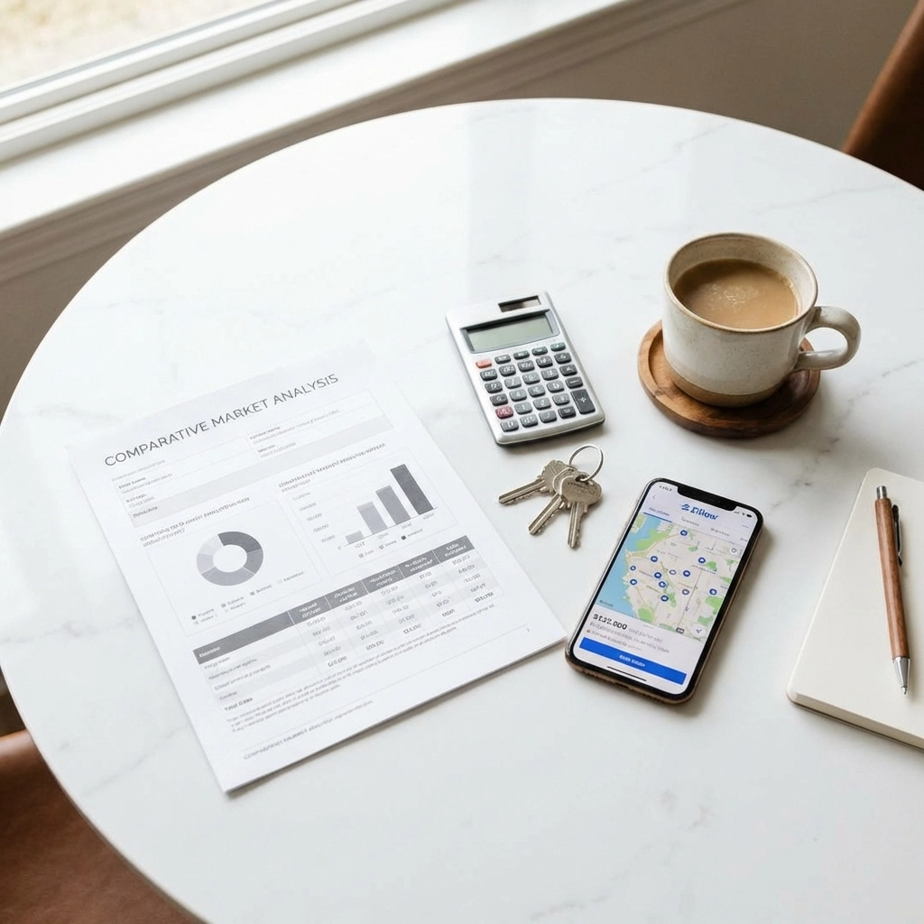Flat lay photo of home selling strategy tools, highlighting how to price your North Carolina home smartly