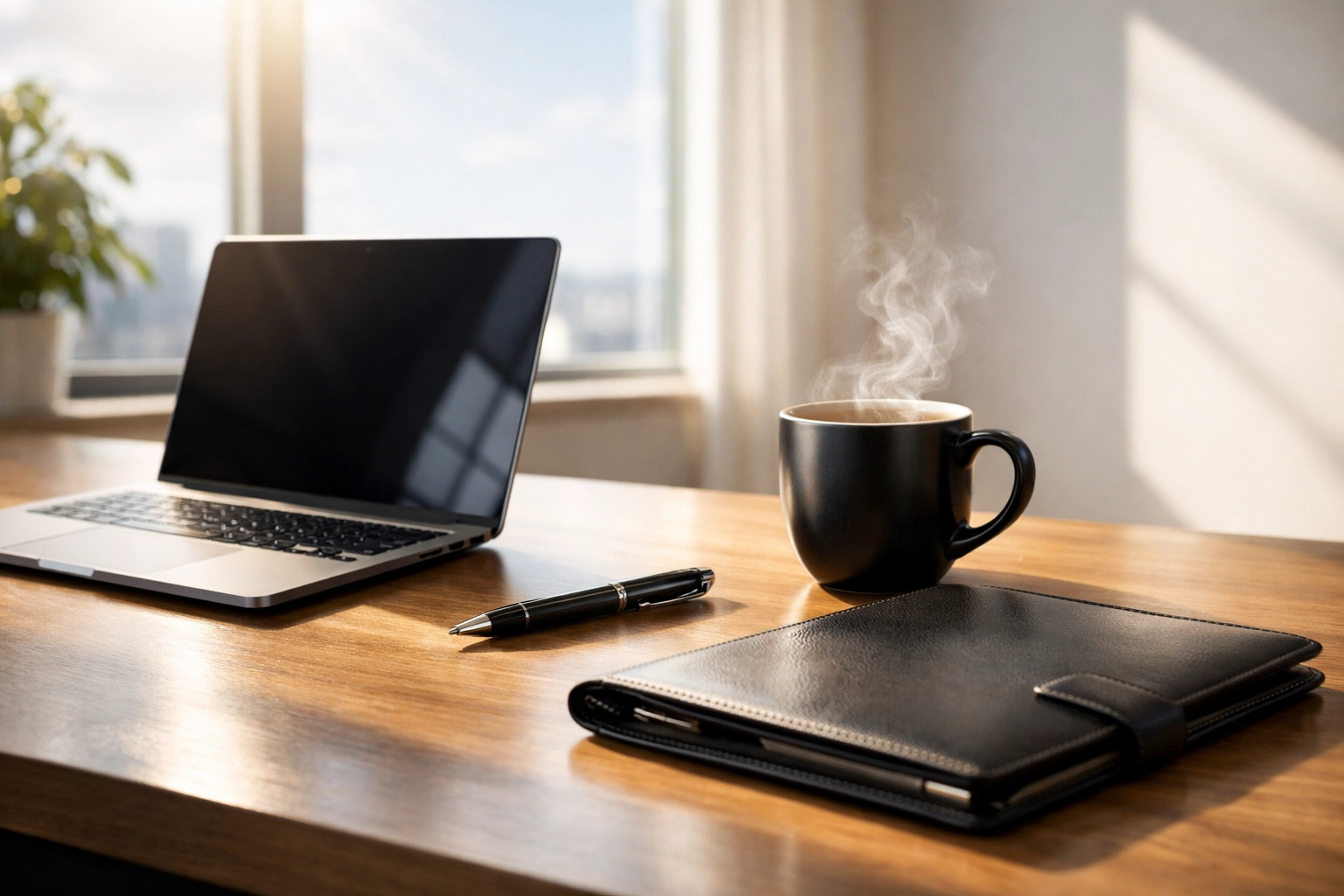 Boost Your Brand ROI Instantly with These 5 Super Bowl Networking Tips Modern executive workspace with a laptop and coffee, symbolizing productive post-event business follow-up.
