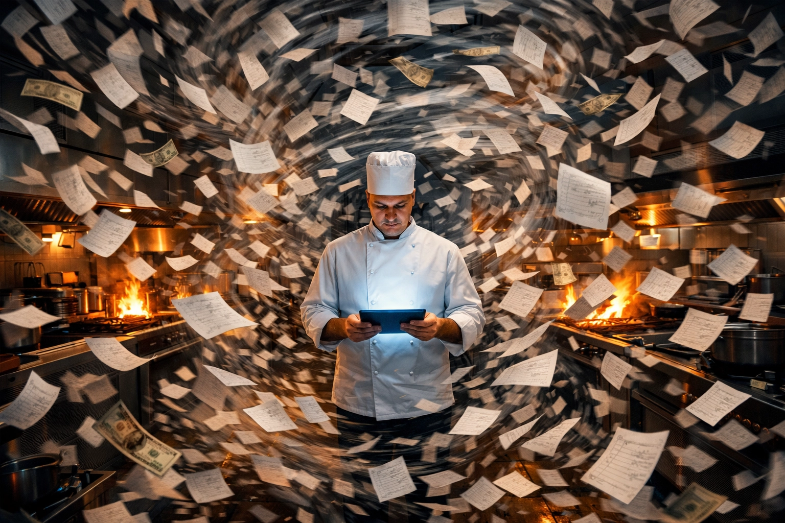 Chef using a restaurant management system tablet to eliminate operational chaos and track food costs.