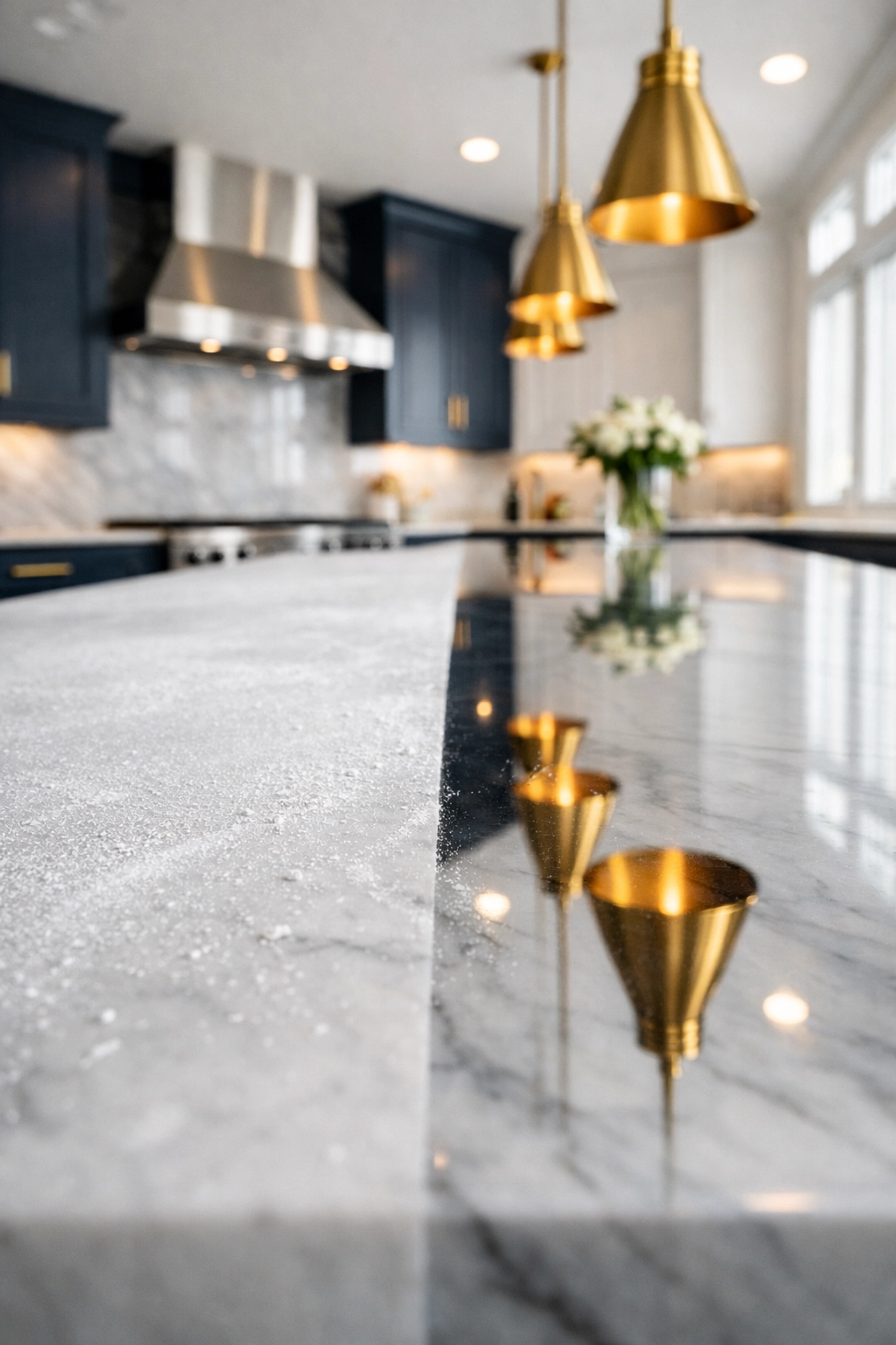 Before and after post-construction cleaning services on a white marble kitchen island in a Metrowest home.