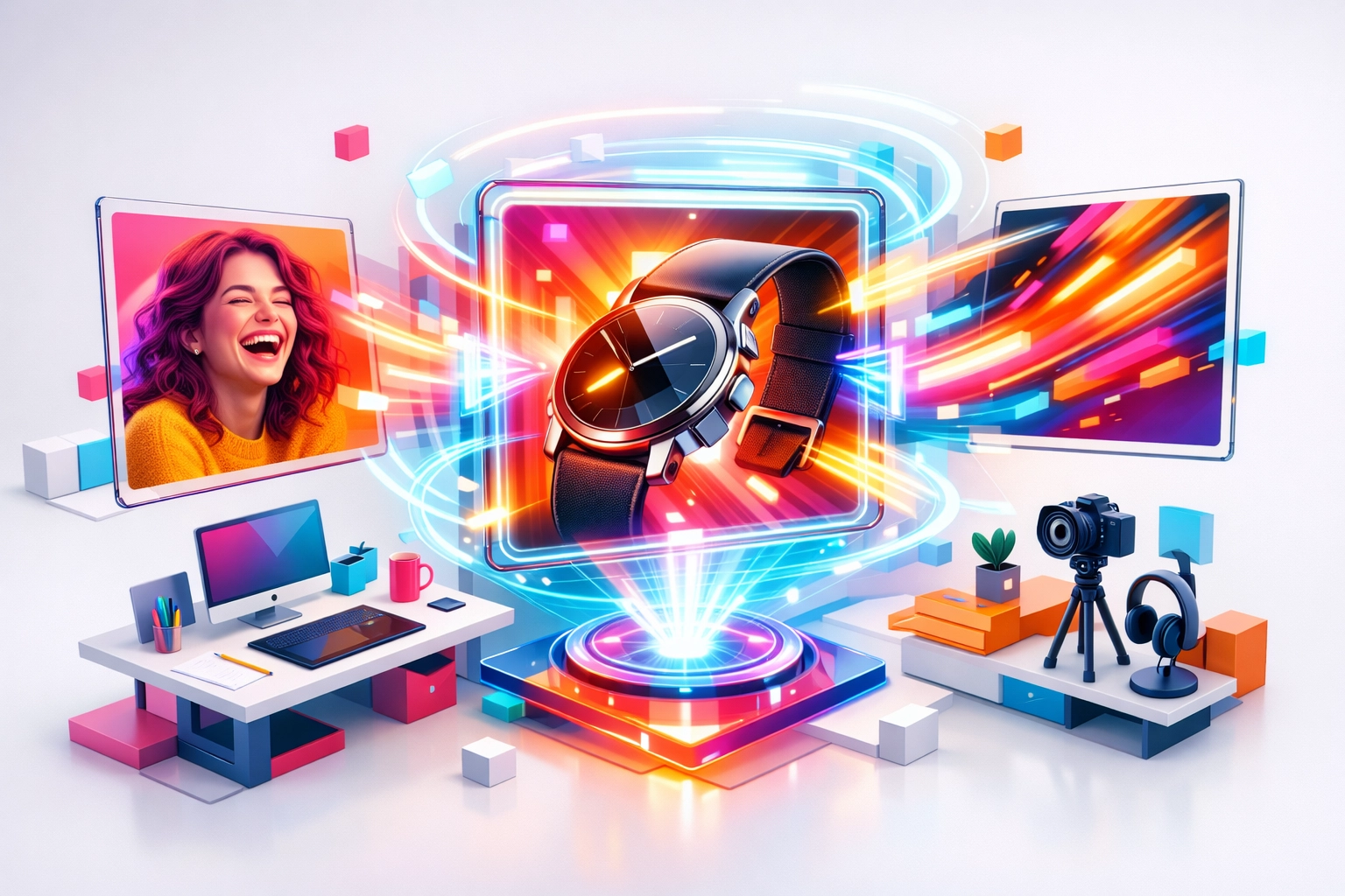 Digital workspace merging various ad creative assets like video and images for automated PPC targeting.