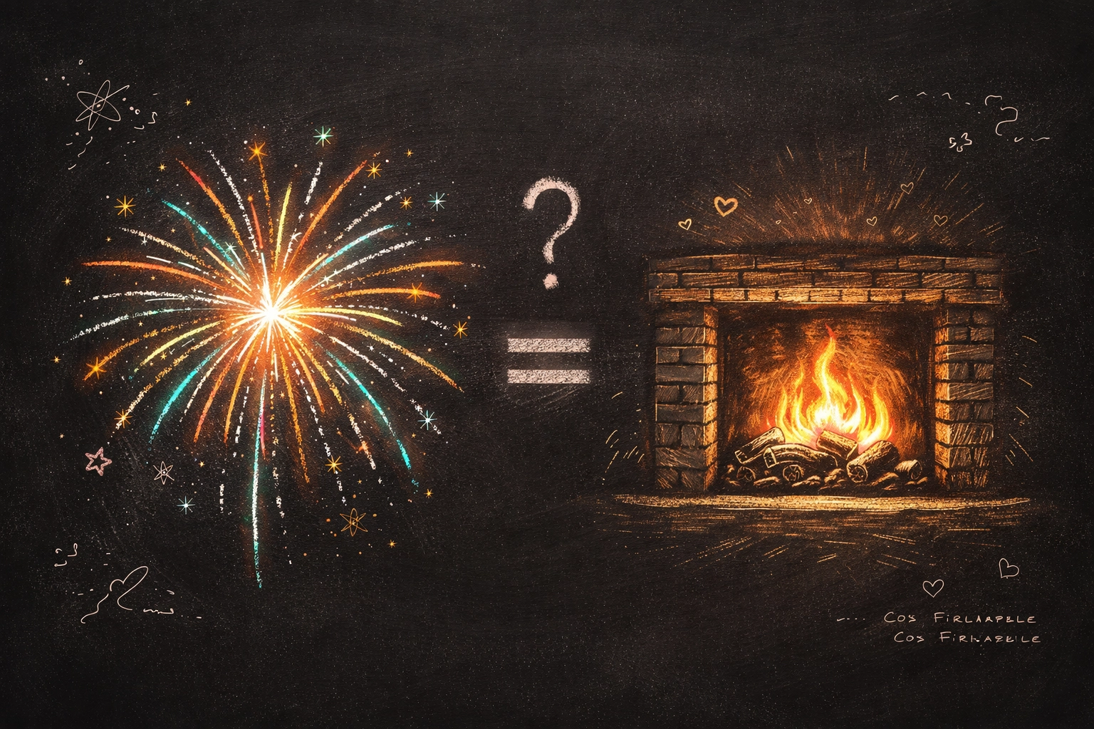 Comparison of firework and fireplace symbolizing the different energy of winter parties