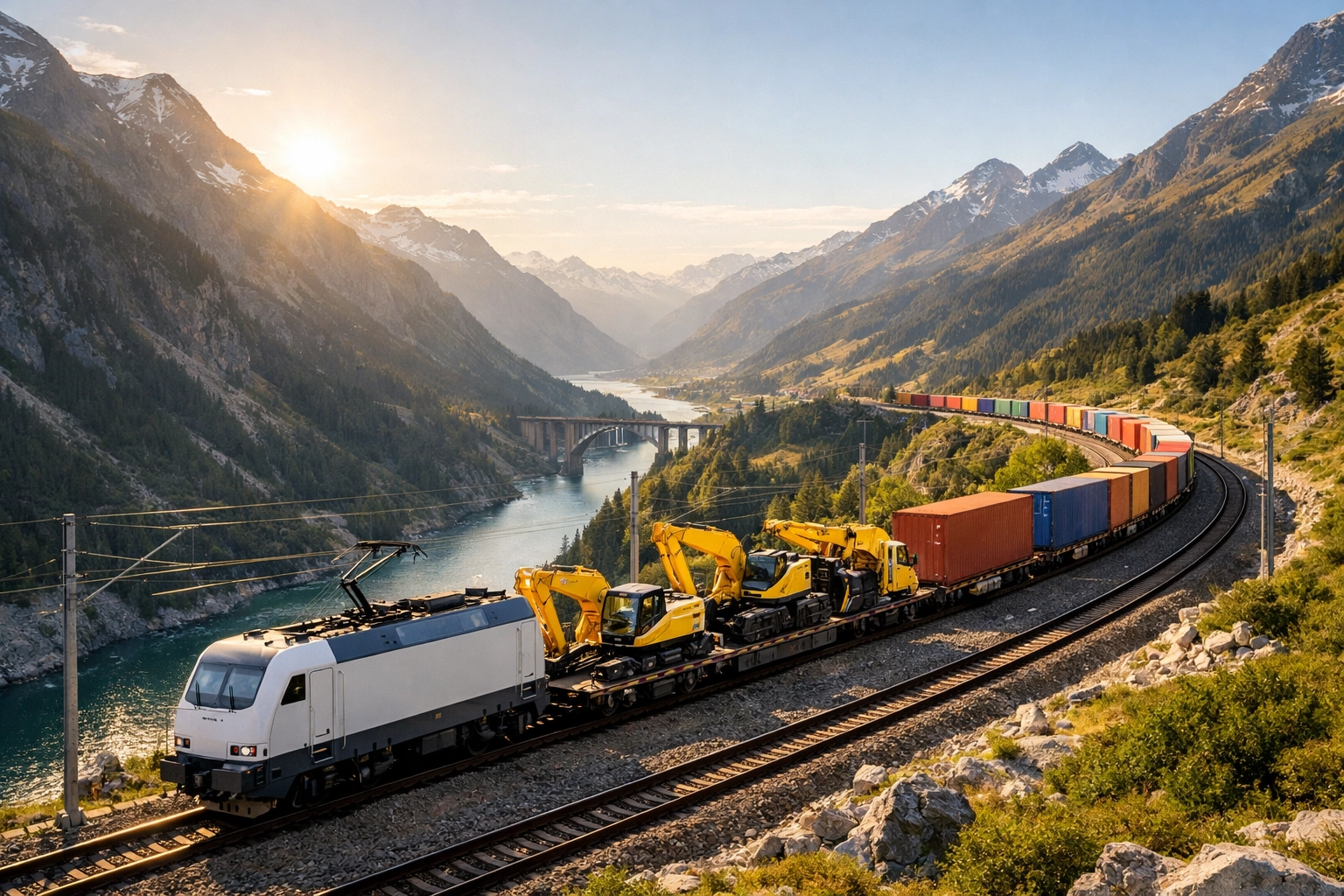 Multimodal freight train transporting heavy construction machinery and containers through a strategic land-bridge route.