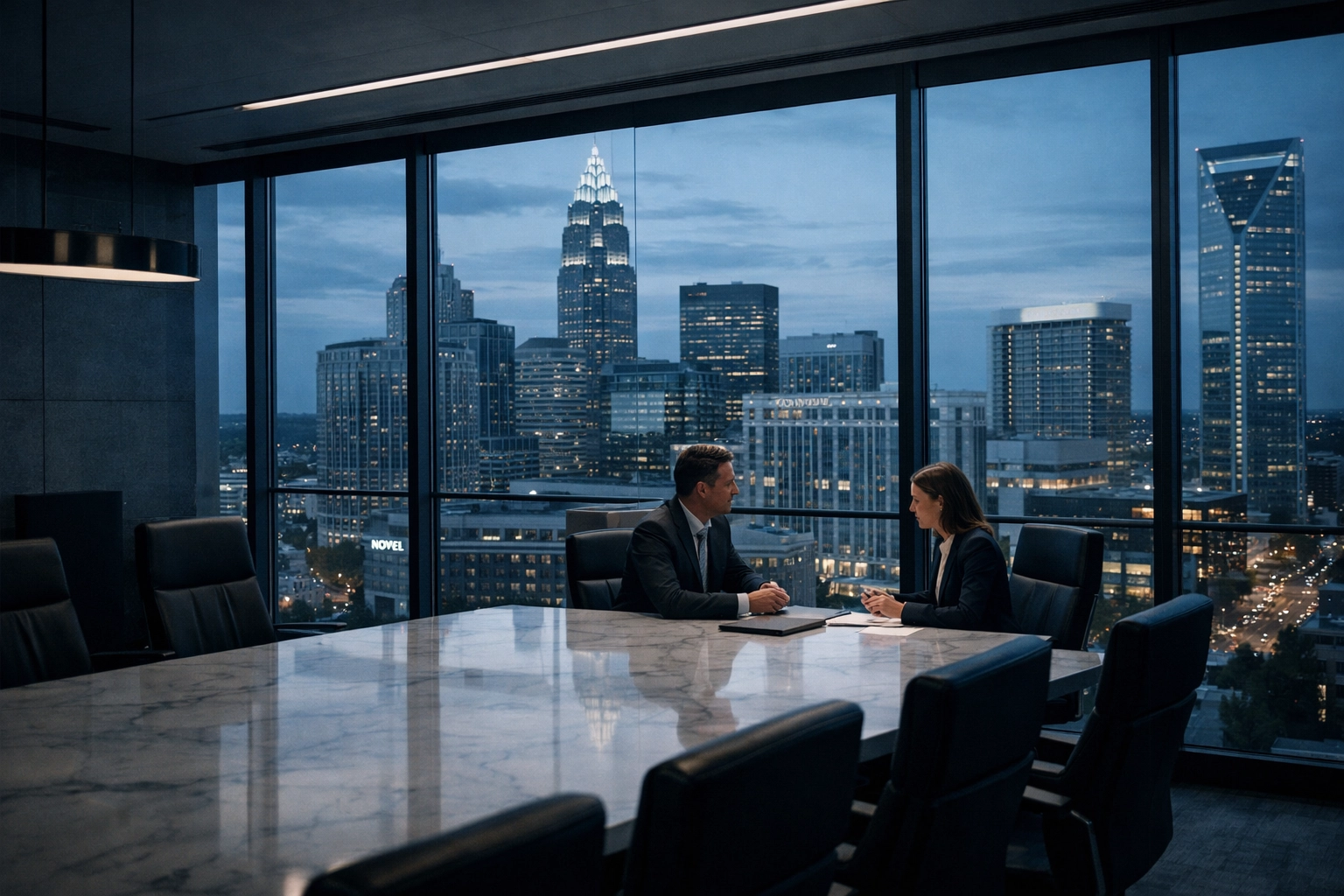Business consultants discussing an HVAC company acquisition in a modern North Carolina office.