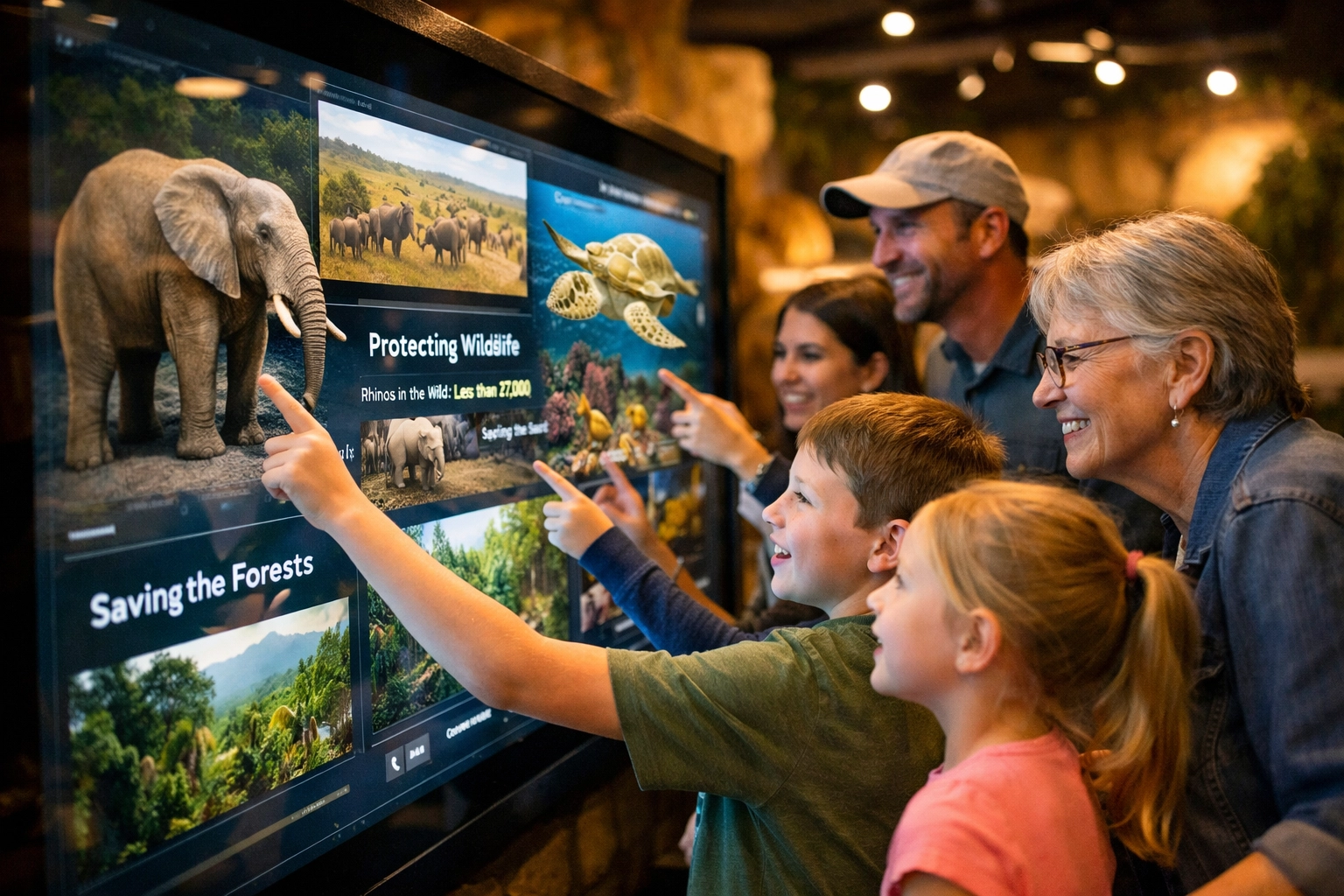 Families engaging with interactive touchscreen display at zoo exhibit learning about wildlife