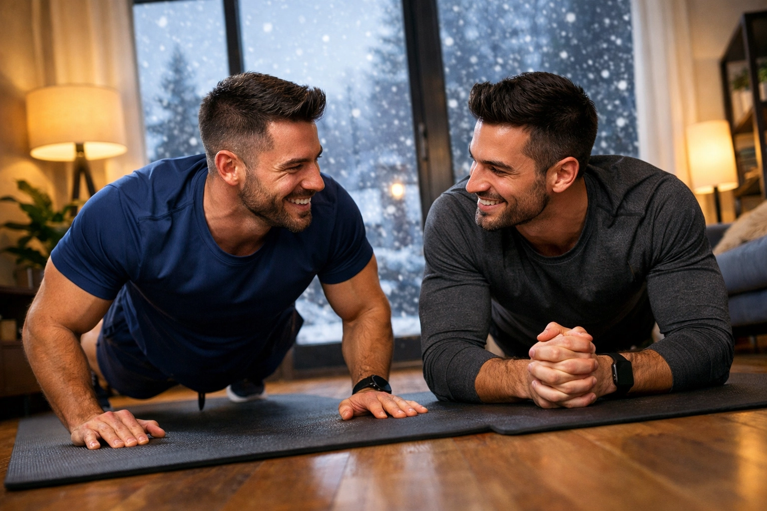 Two men doing indoor winter workout exercises together at home
