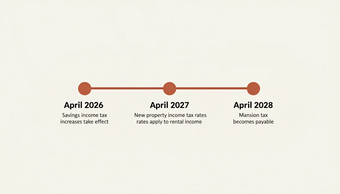 Timeline with three red circles marks April 2026-2028. Text notes tax changes: savings, property income, and mansion tax. Neutral backdrop.