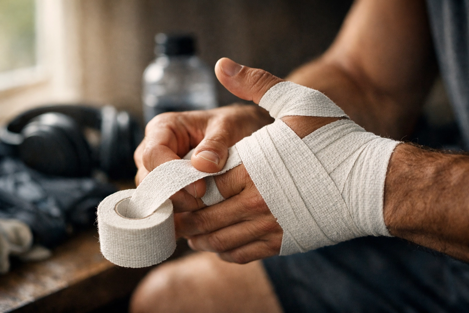 Athlete wrapping tape in pre-game ritual showing preparation and mental focus