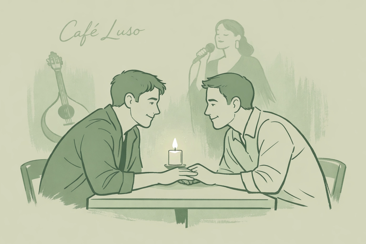 Gay couple reaching across table in Café Luso with fadista performer - Lisbon romance scene