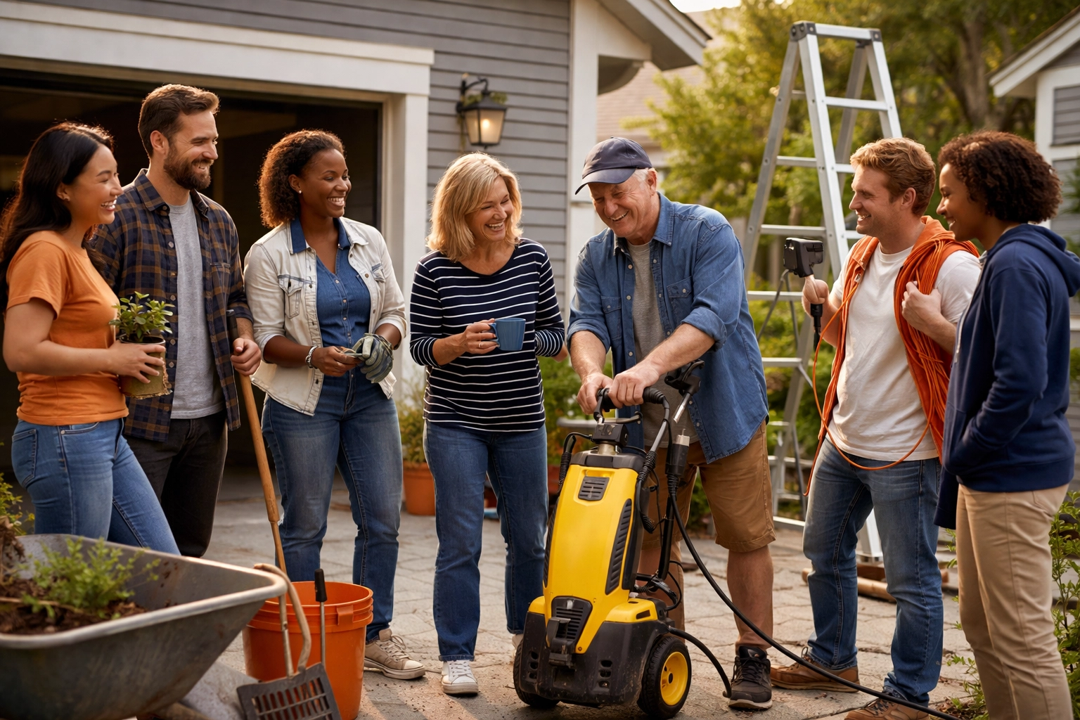 Group of neighbors happily sharing tools in a Boston driveway, illustrating peer-to-peer rental and local connection