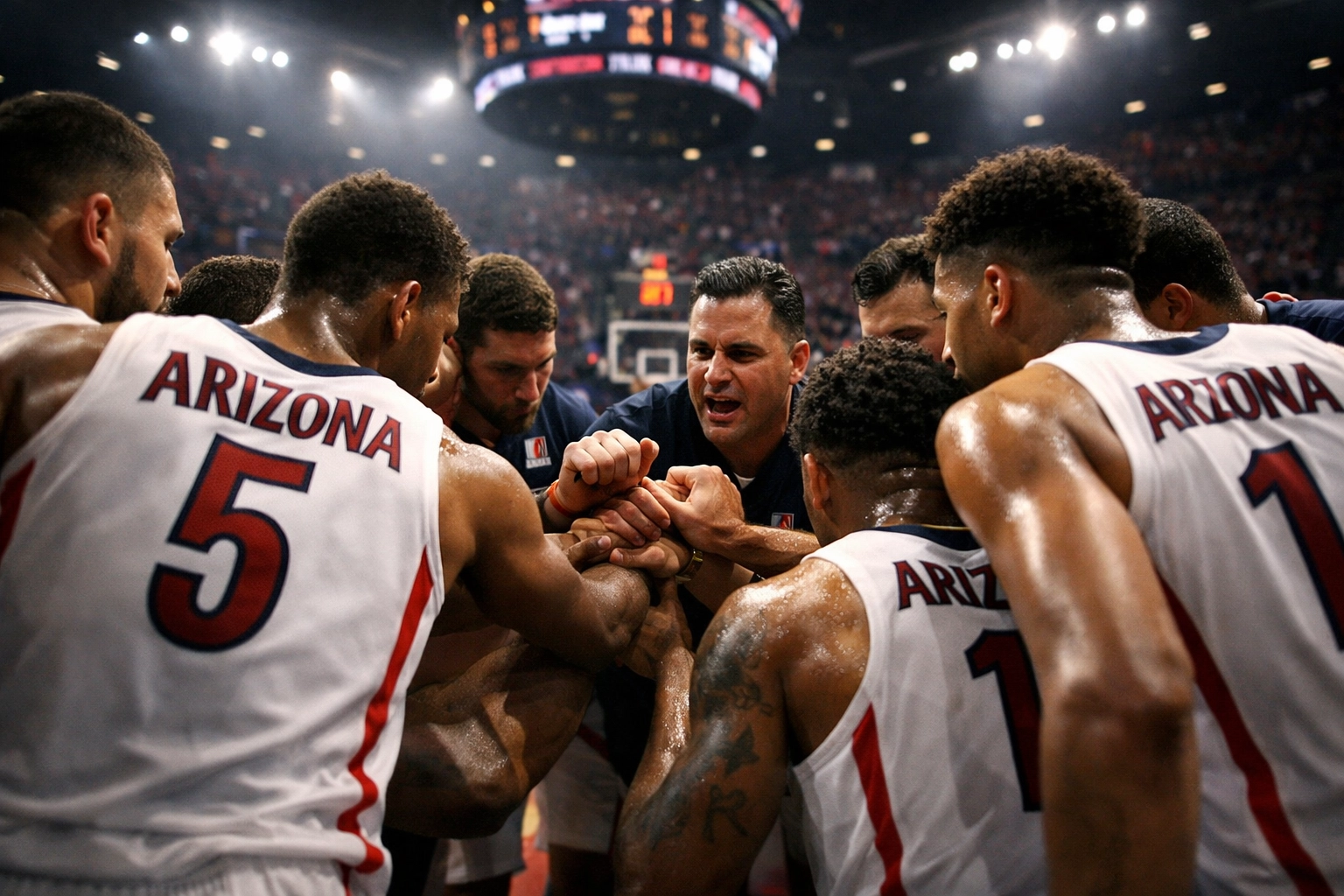 Arizona Wildcats team huddle during Big 12 championship pursuit