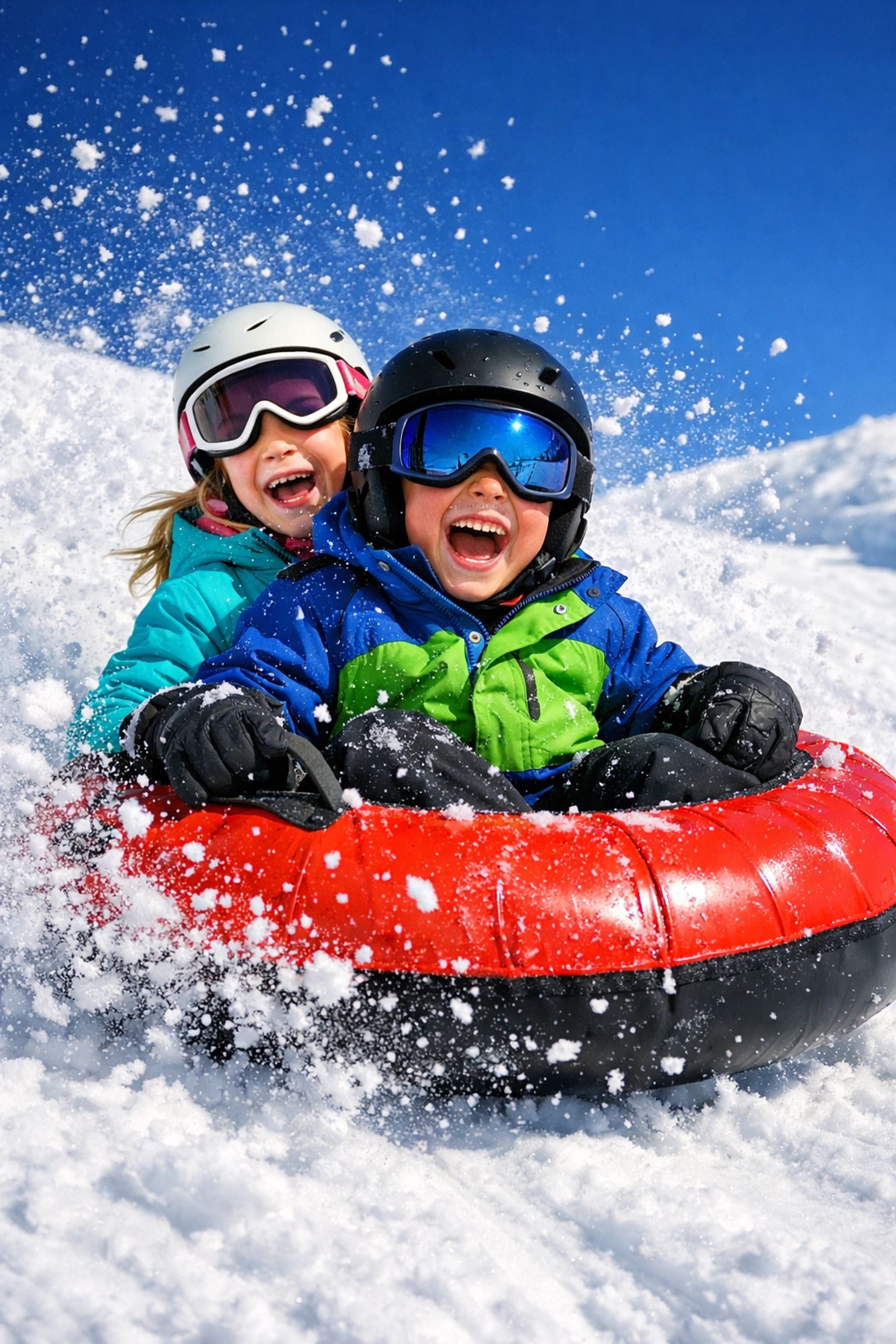 Children snow tubing at Mammoth Mountain during a fun family travel winter vacation.
