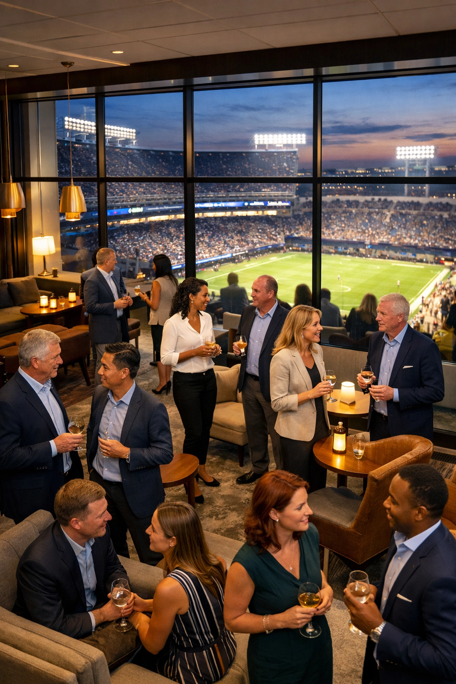 Executives networking in a luxury corporate lounge overlooking a brightly lit Super Bowl stadium.
