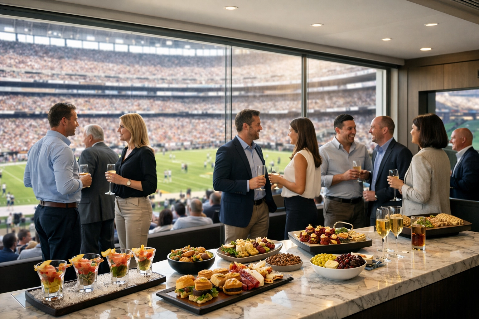 Luxury corporate suite at a football stadium hosting professionals for VIP Super Bowl hospitality and networking.