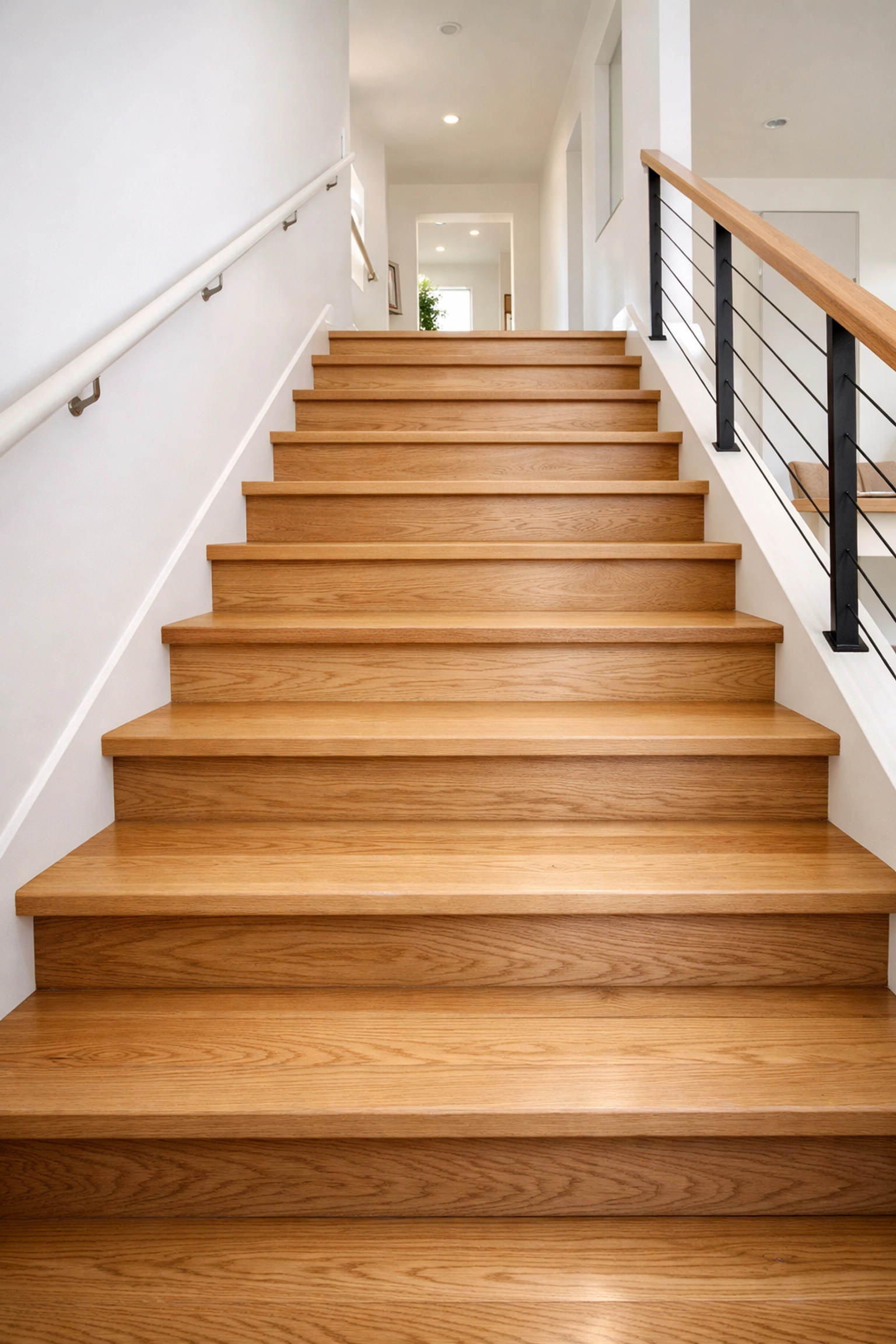 Clean and clutter-free wooden staircase highlighting a clear path for safe home mobility.