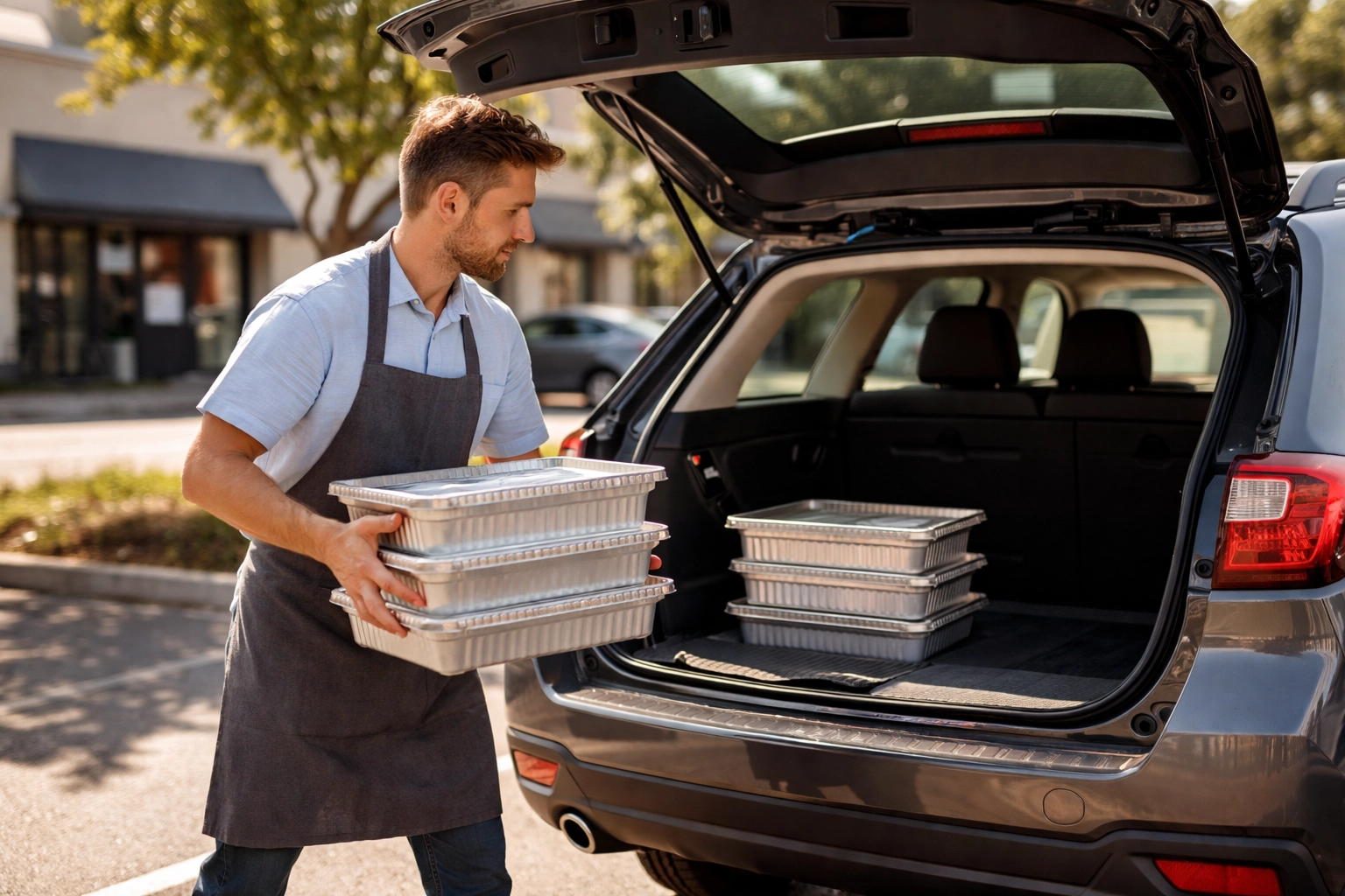 Restaurant worker loading catering trays into SUV, showing real-world use of personal vehicles for business errands.
