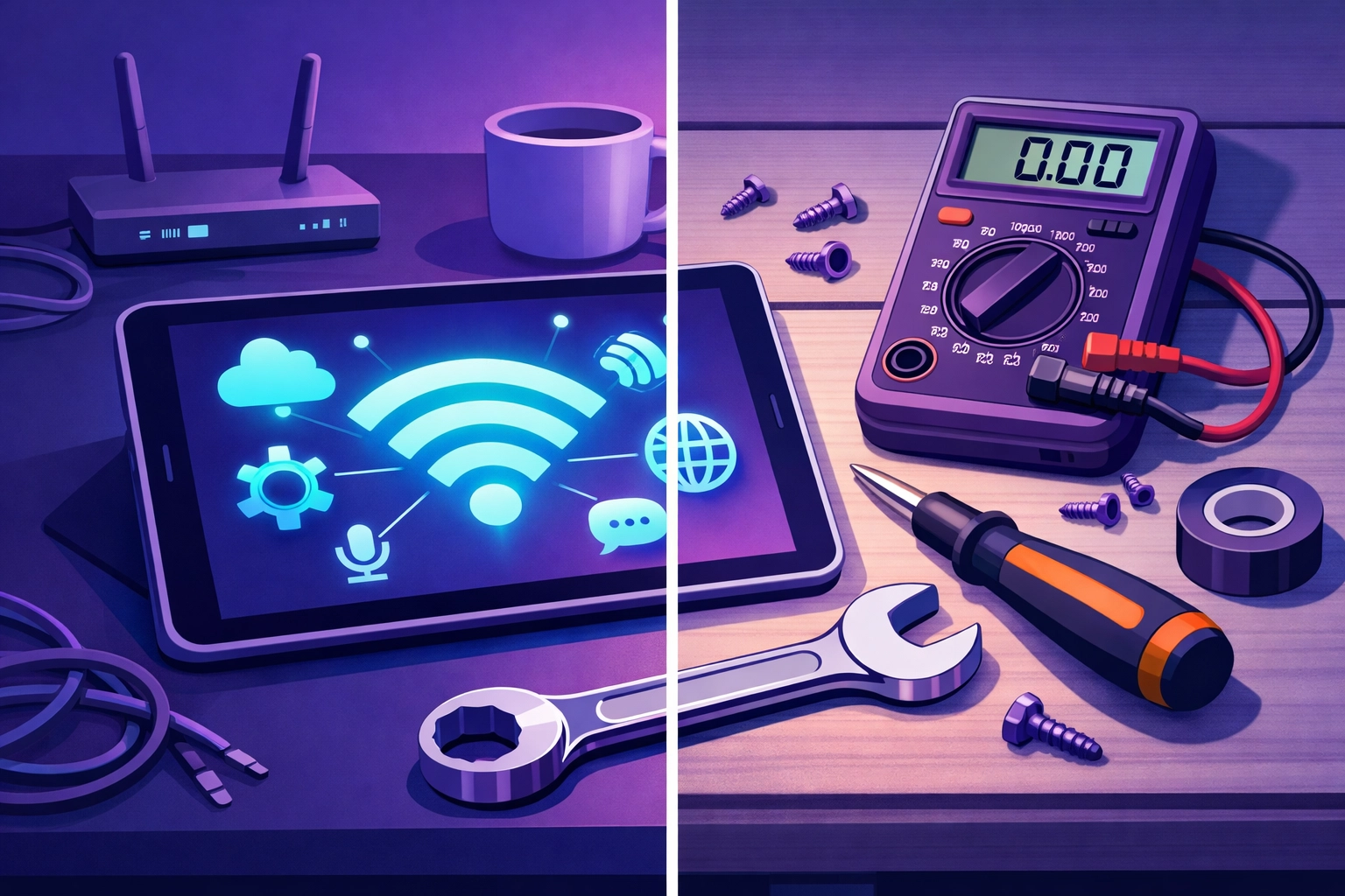 Modern appliance technician workspace combining digital diagnostics and physical repair tools.