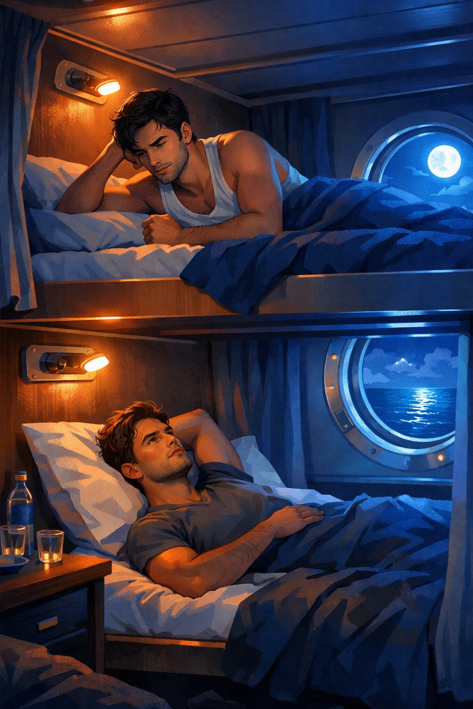 Gay cruise bunk bed cabin at night with two men in separate bunks creating romantic tension
