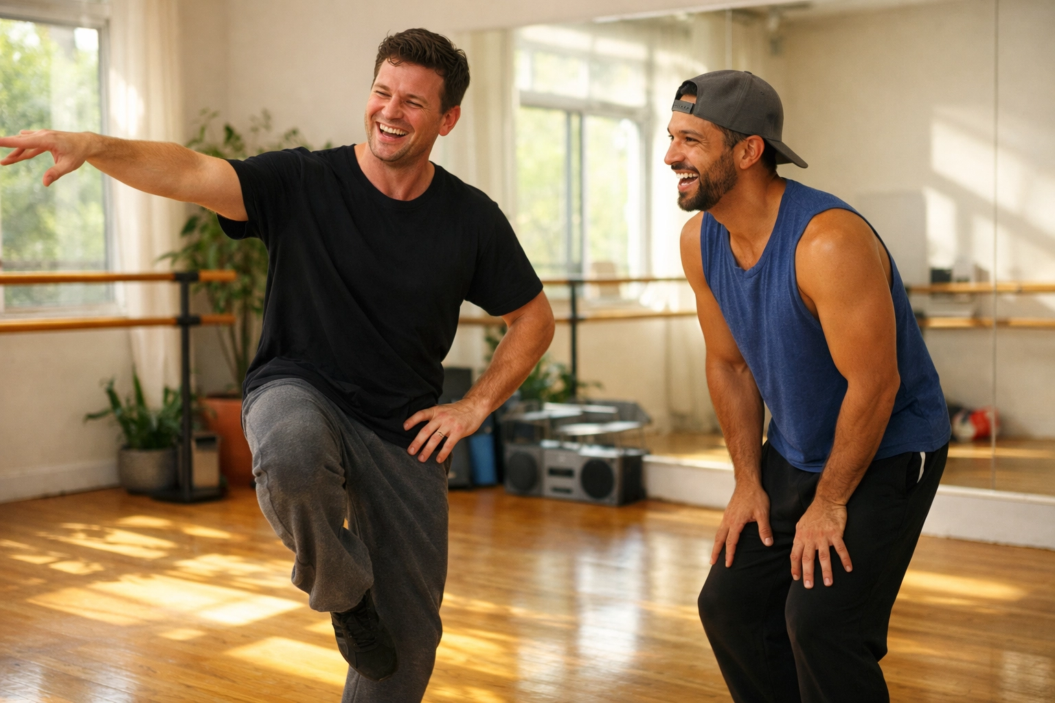 Male dance instructors sharing moment in studio - gay romance teaching story