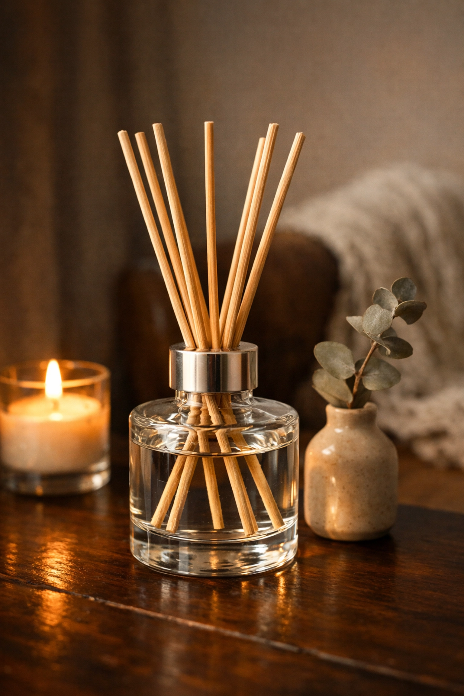 Clear glass reed diffuser filled with premium fragrance oil, showcasing a clean and consistent scent throw.