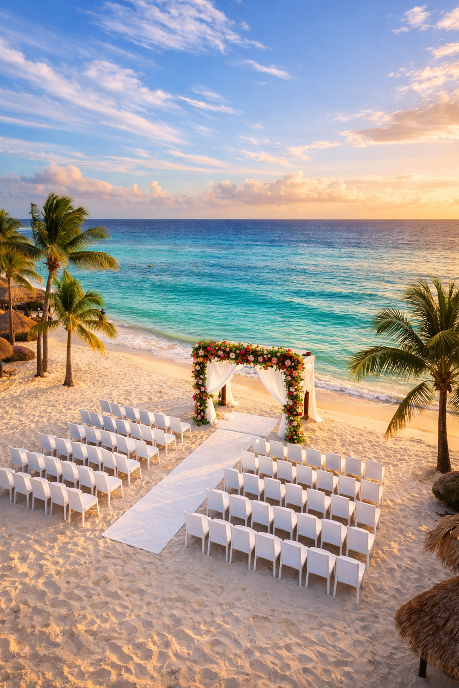 Caribbean beachfront wedding ceremony setup at all-inclusive resort with ocean view