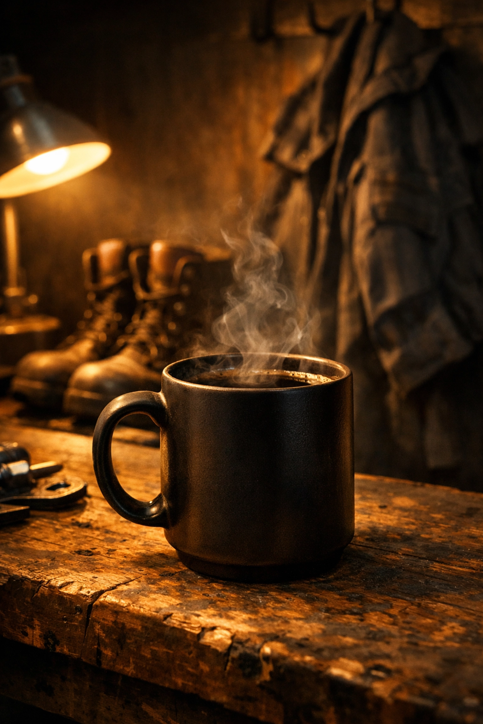 Steaming black coffee mug on a workbench next to tactical gear, supporting first responders.