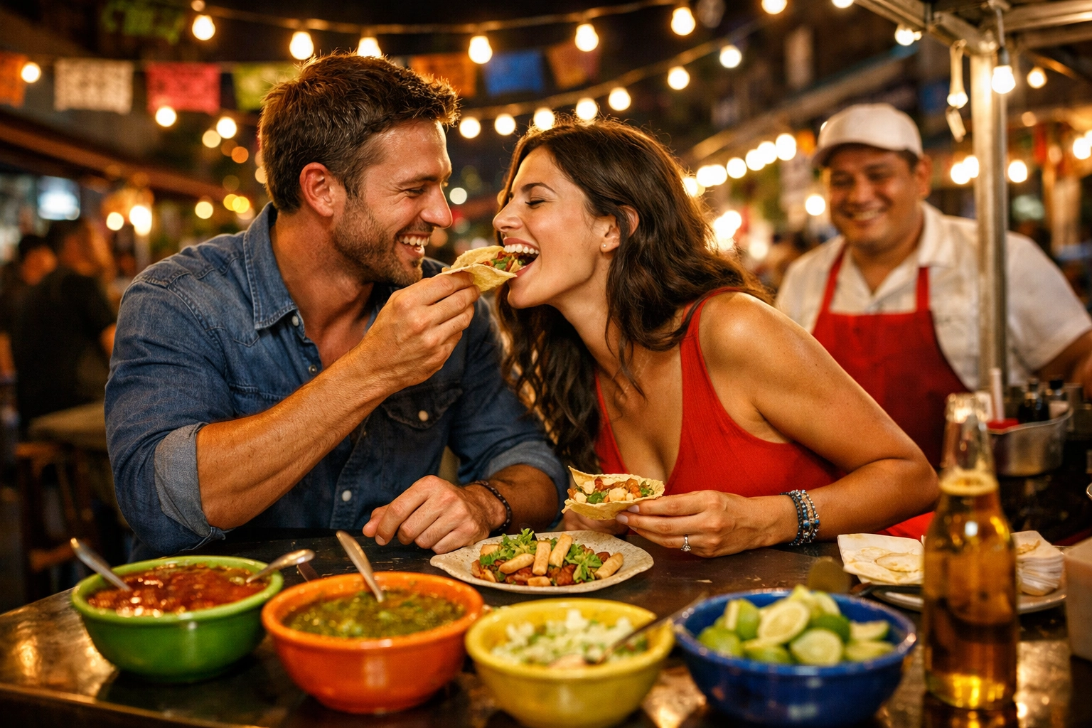 Couple enjoying street tacos in Old Town Puerto Vallarta, showcasing the vibrant local culture and charm.