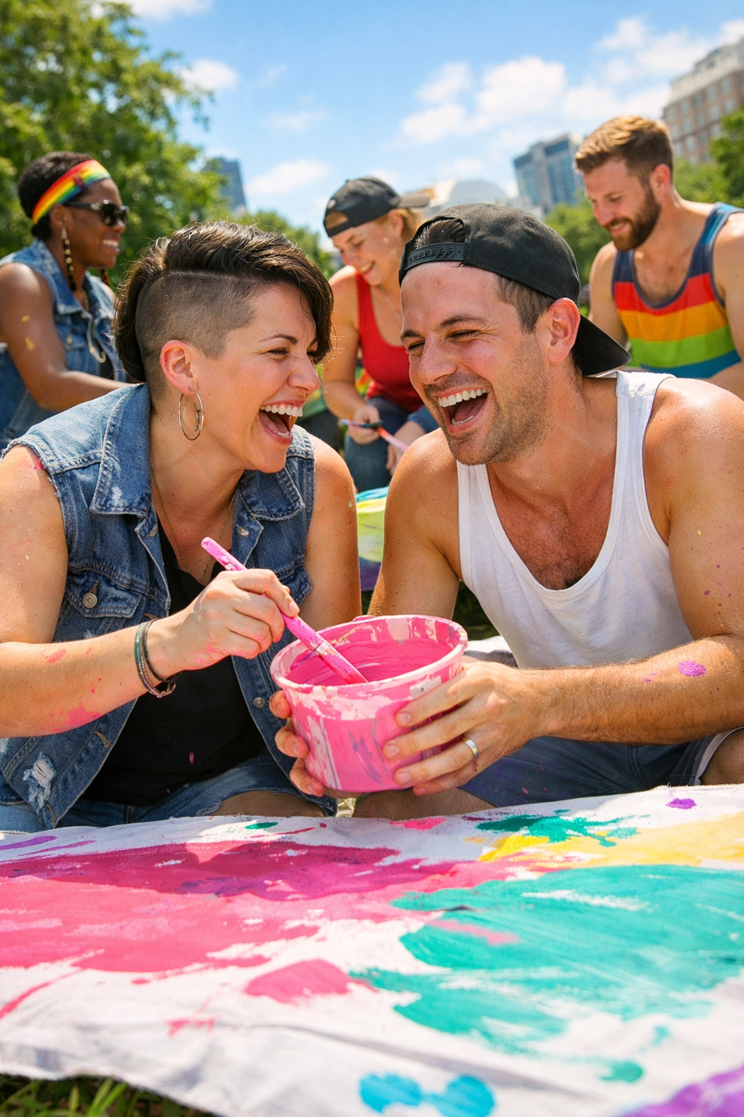 Diverse LGBTQ+ group collaborating on an activism project in a park, fostering community building through queer hobbies.