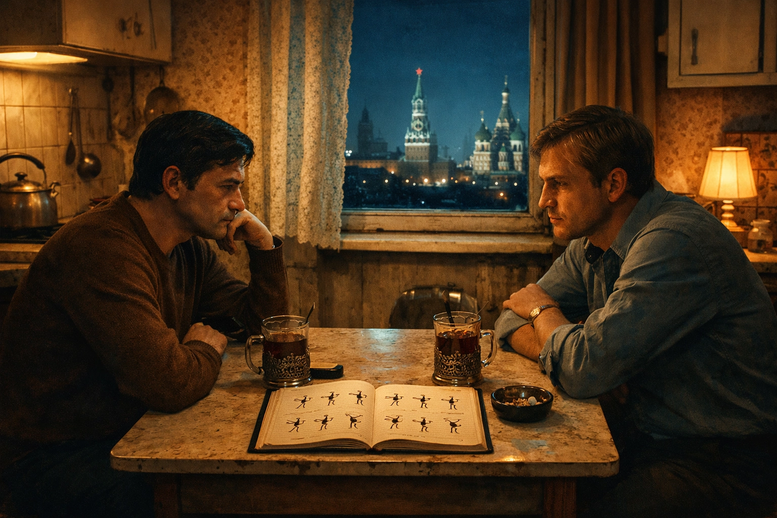 Gay couple sharing coded messages in 1970s Soviet Moscow apartment kitchen during communist era