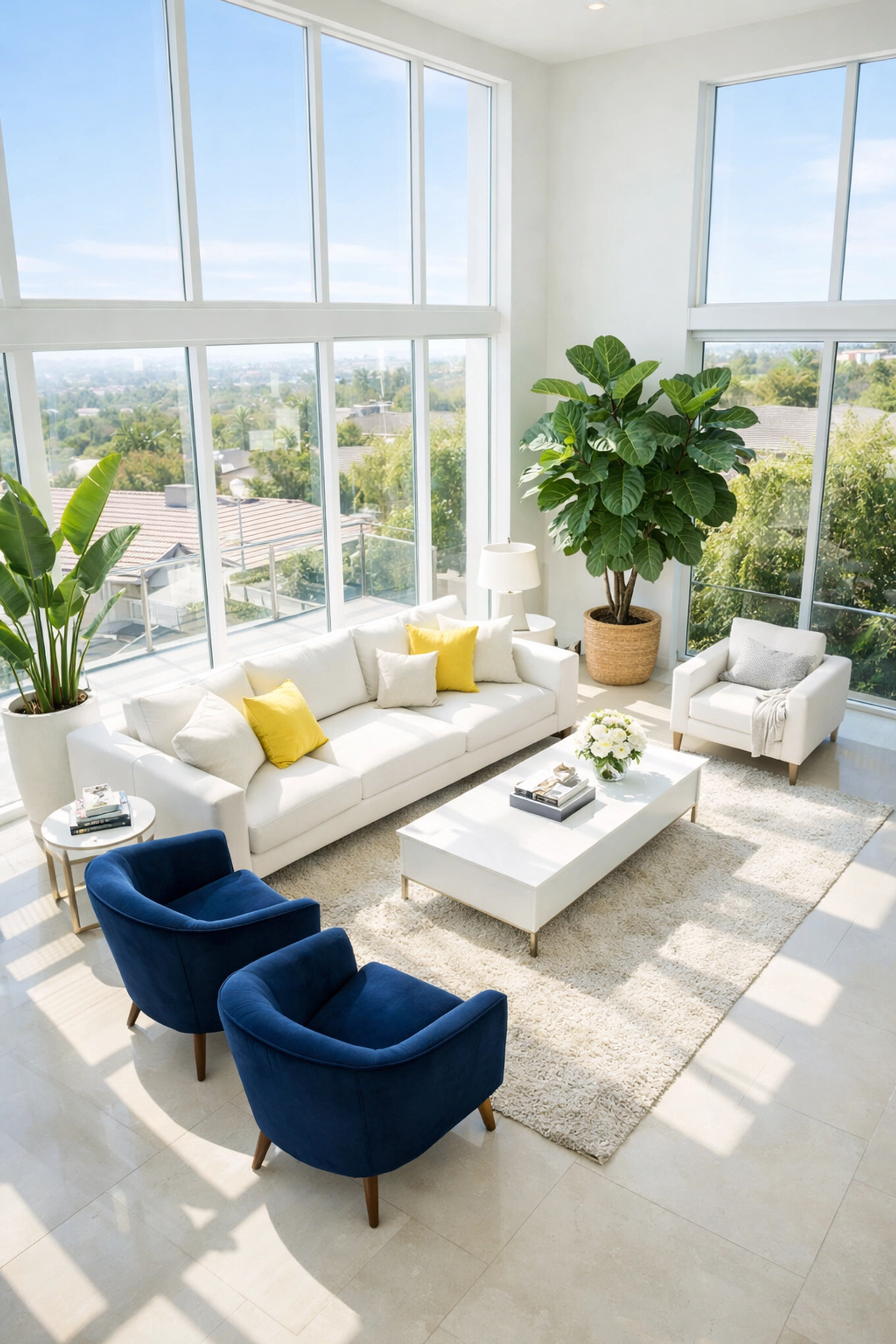 Modern living room with green plants symbolizing clean indoor air from eco-friendly cleaning products.