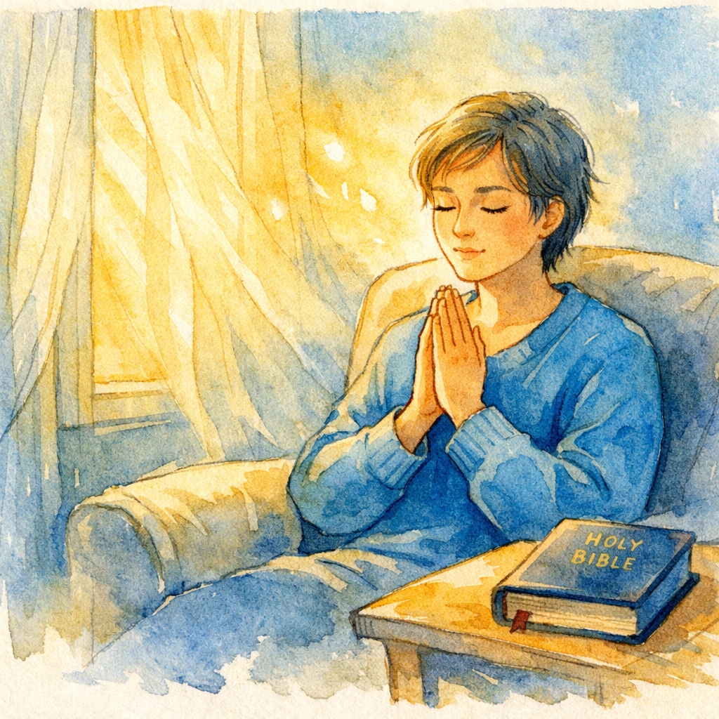 Person in peaceful morning prayer by window for anxiety relief through faith