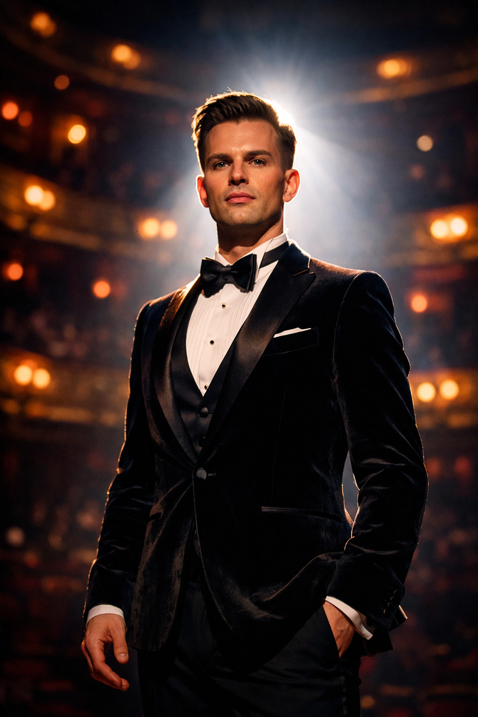 Openly gay countertenor opera singer performing center stage embodying pride and artistic authenticity