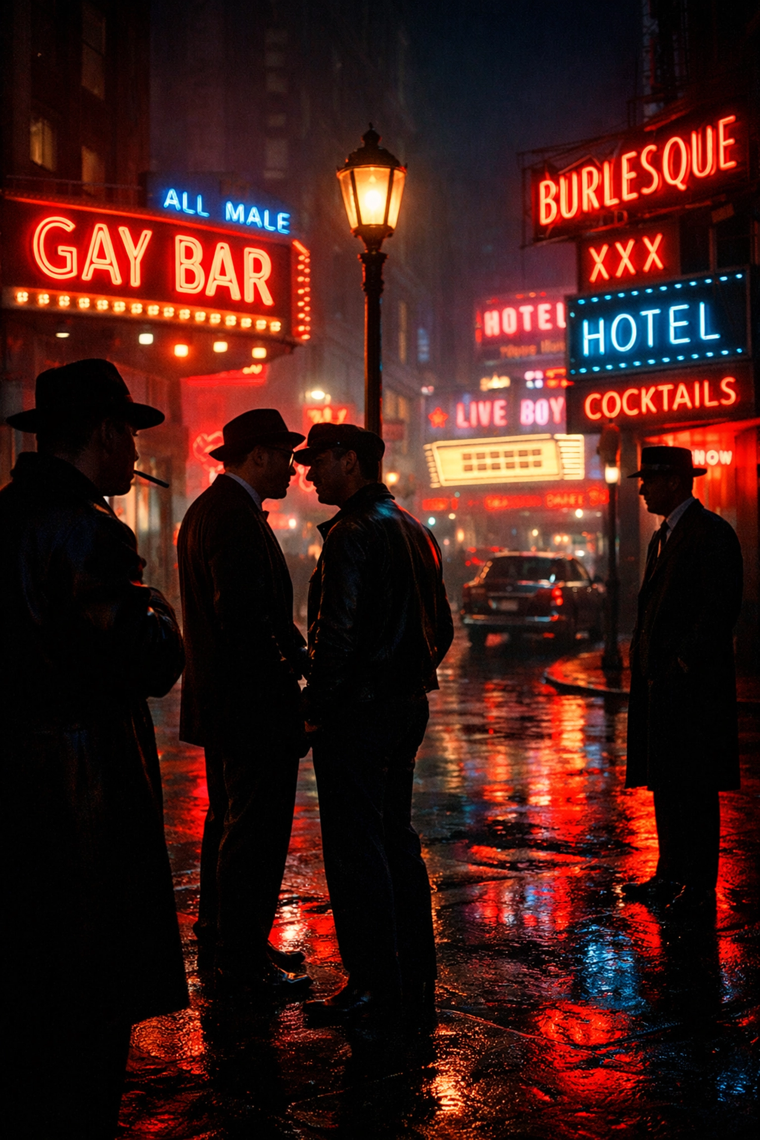 1960s gay men on urban street corner at night, pre-Stonewall underground culture with neon lights