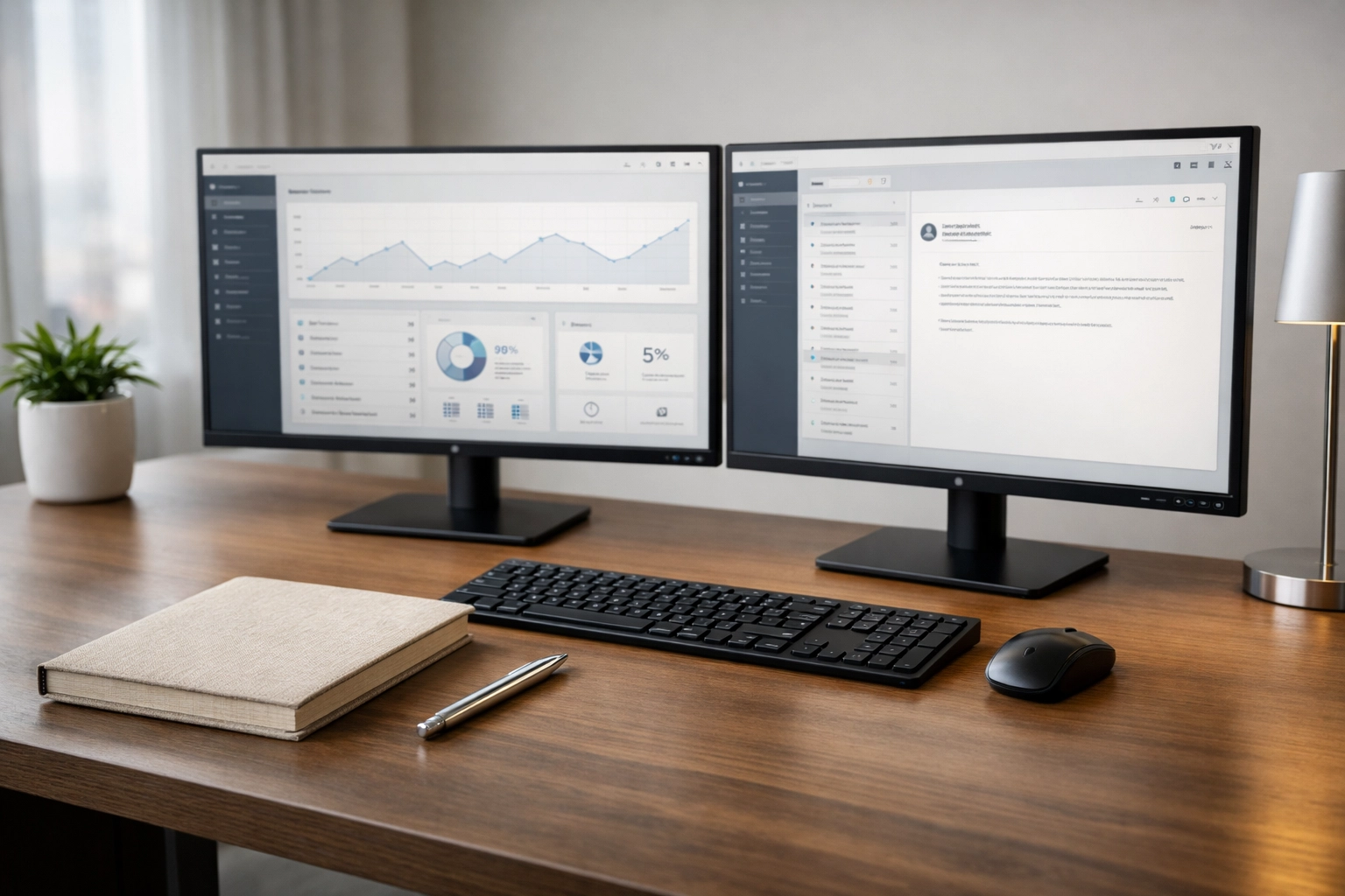 Modern workstation with dual monitors for managing ERO tax software and operational workflow.